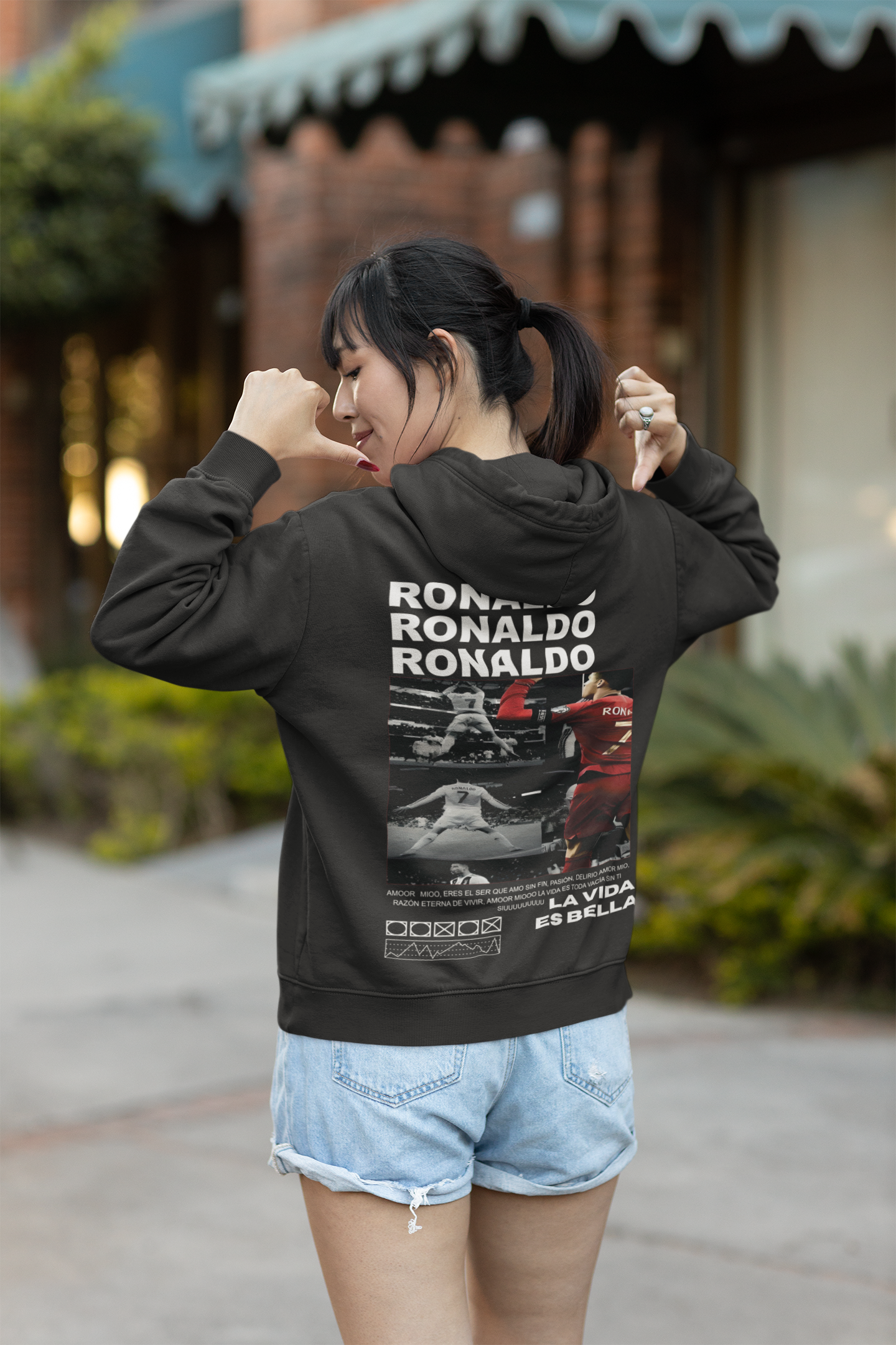 Black & White Ronaldo Graphic Hoodie | Minimalist CR7 Poster Design - Unisex Hoodie by RanggRiwaaz