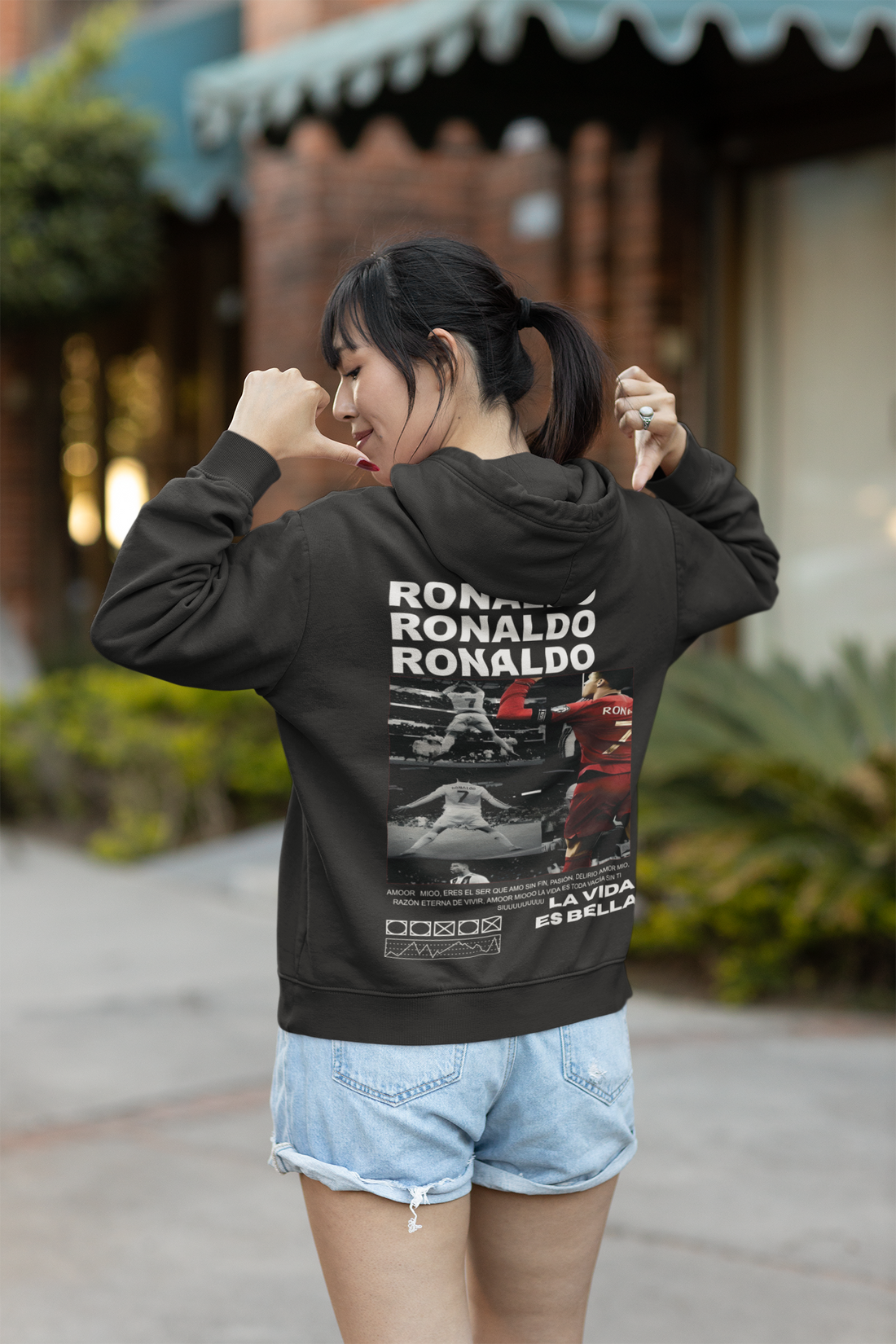 Black & White Ronaldo Graphic Hoodie | Minimalist CR7 Poster Design - Unisex Hoodie by RanggRiwaaz