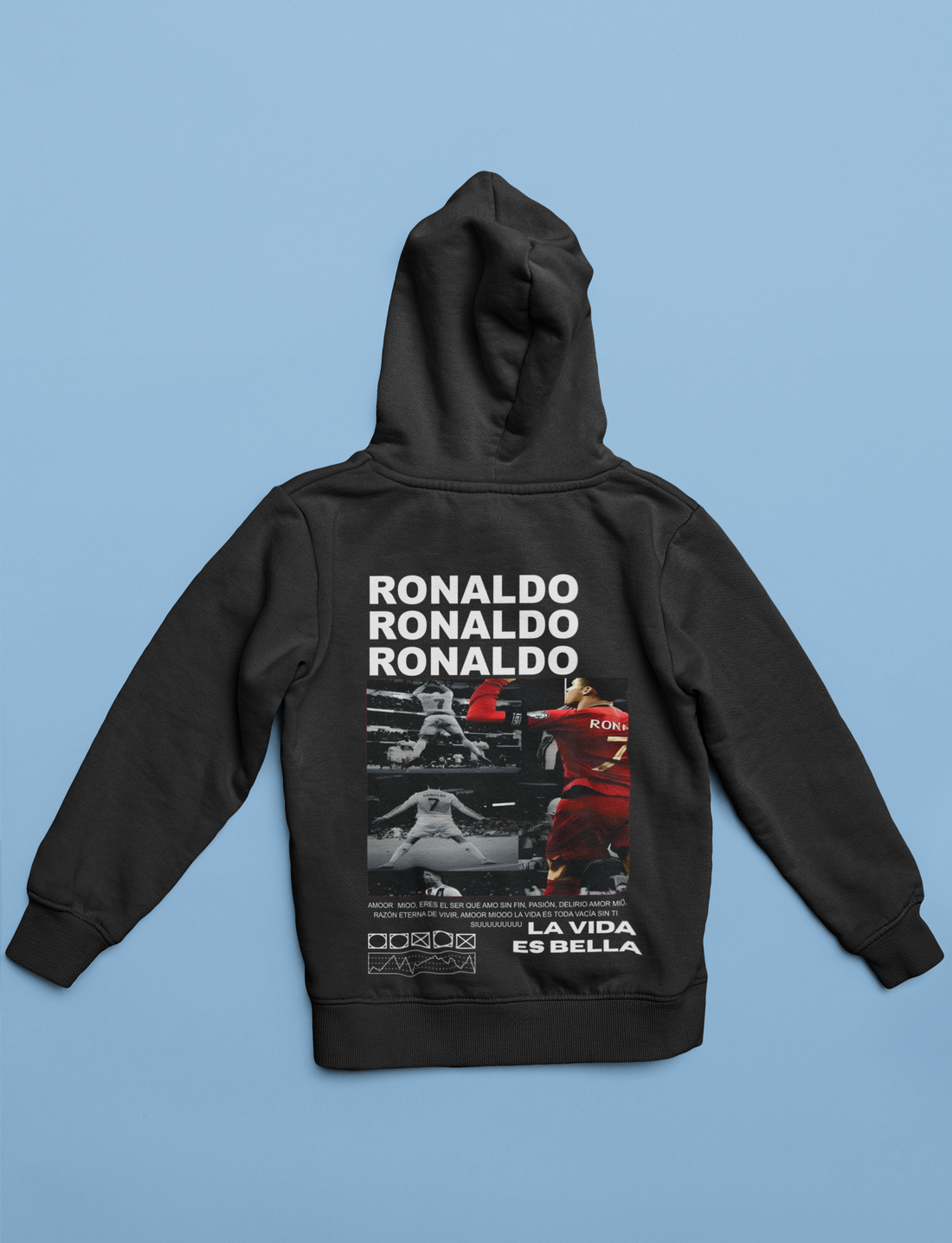 Black & White Ronaldo Graphic Hoodie | Minimalist CR7 Poster Design - Unisex Hoodie by RanggRiwaaz