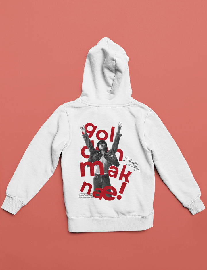 Jungkook Golden Maknae Hoodie | Bold Red Typography | BTS | K-POP Unisex Pullover Hoodie by RanggRiwaaz