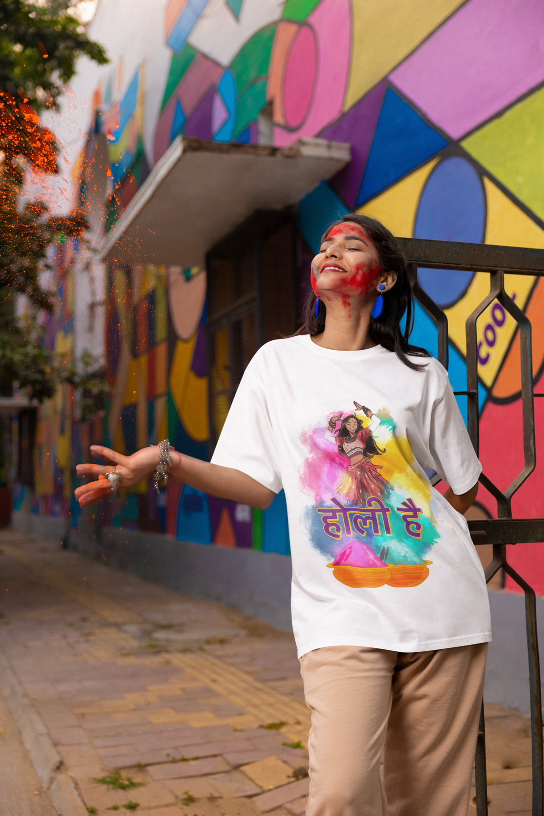 Vibrant Holi Festival T-Shirt - Dancing Girl Print & Joyful Quote by RanggRiwaaz