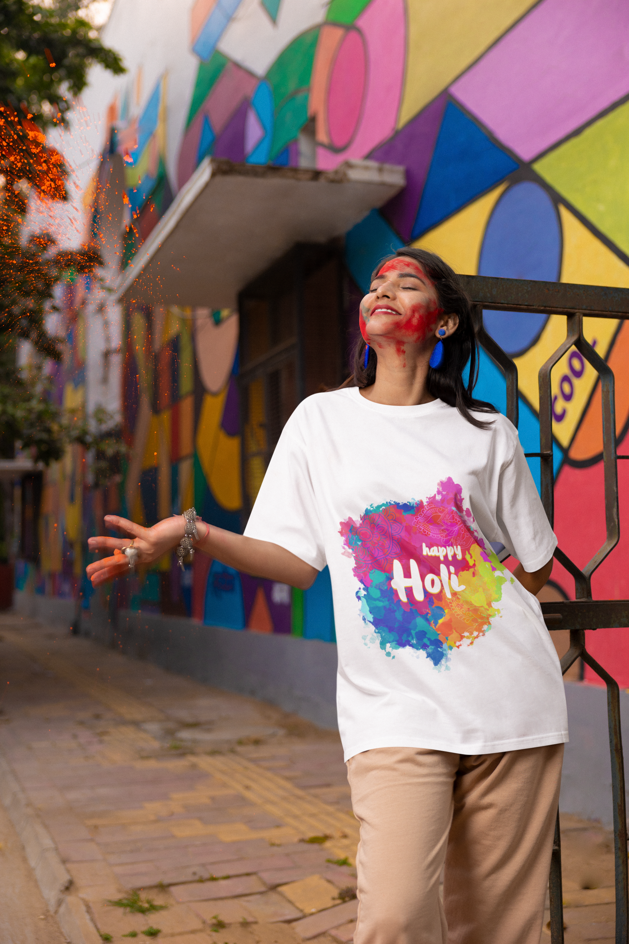 "Happy Holi" Mandala Splatter T-Shirt - Artistic Color Splash Tee by RanggRiwaaz