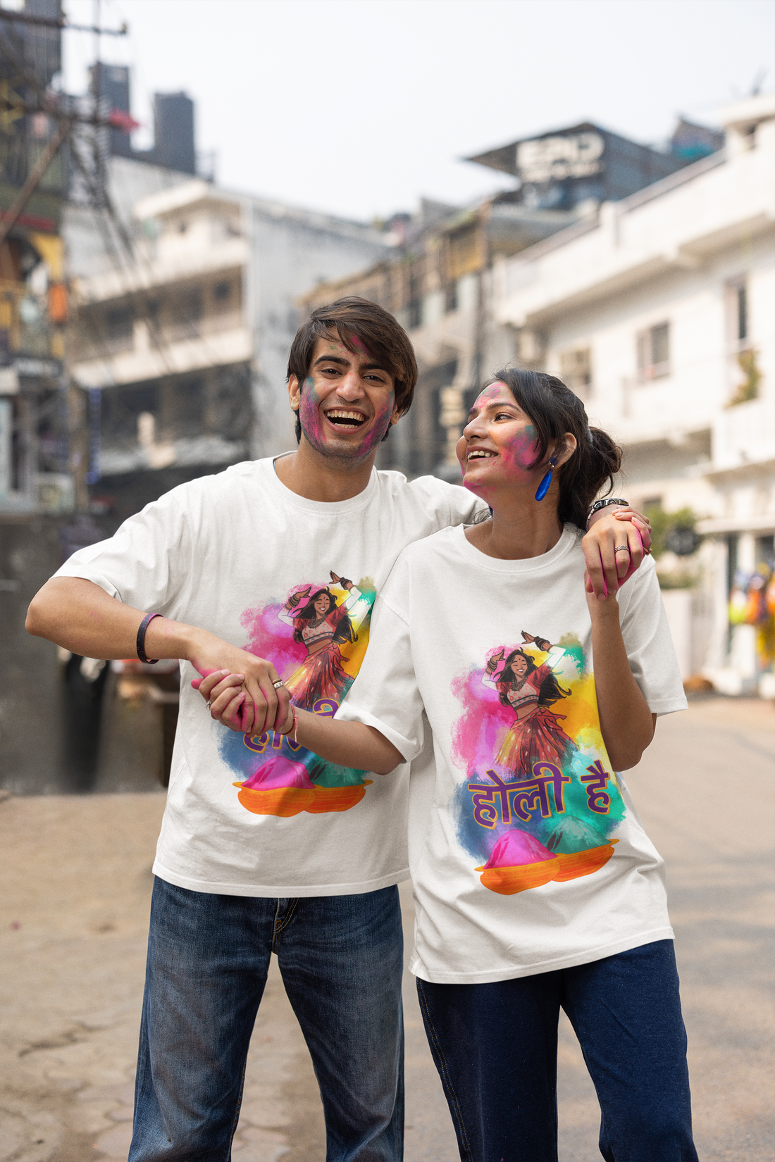Vibrant Holi Festival T-Shirt - Dancing Girl Print & Joyful Quote by RanggRiwaaz
