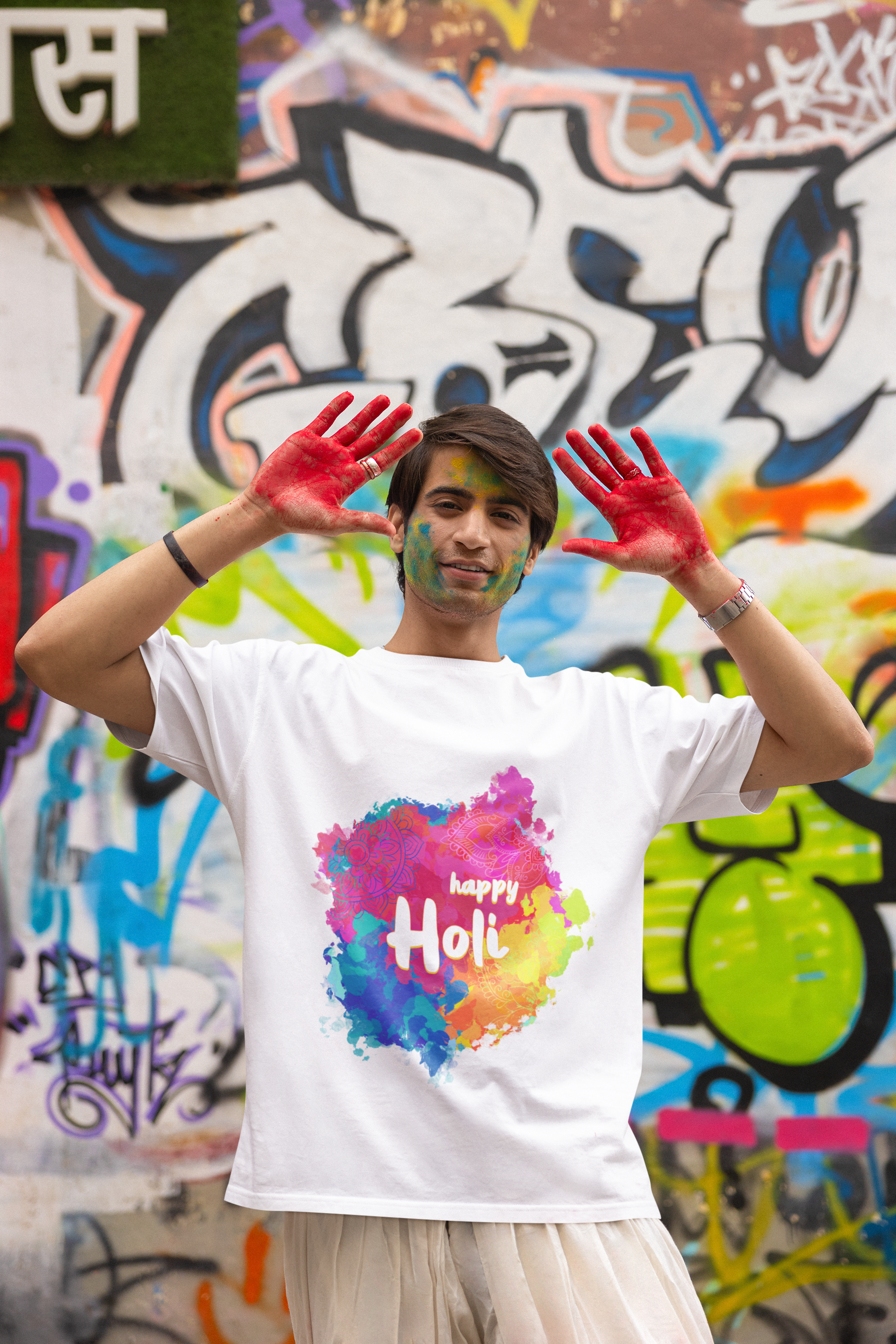 "Happy Holi" Mandala Splatter T-Shirt - Artistic Color Splash Tee by RanggRiwaaz