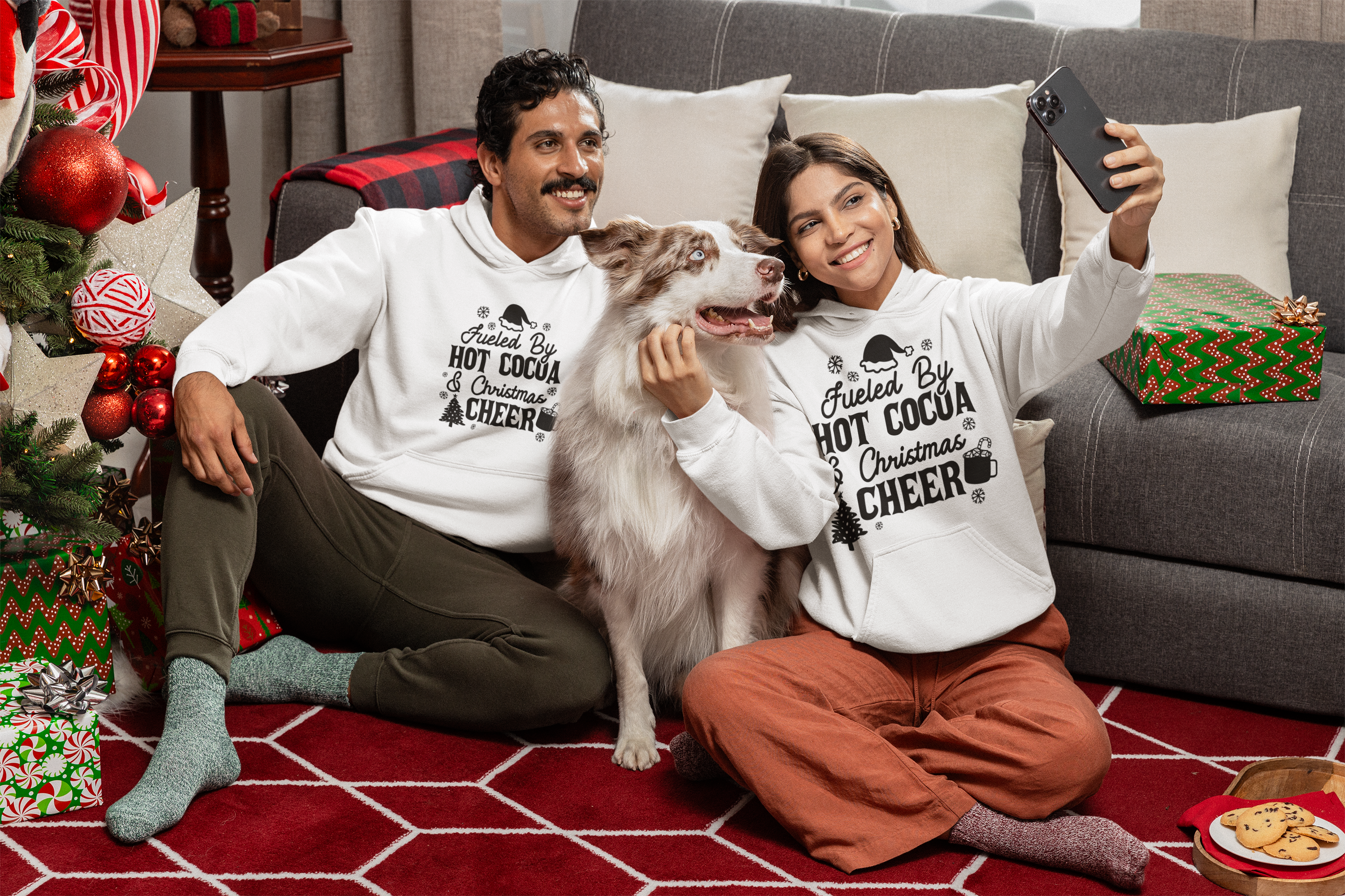 "Fueled by Hot Cocoa & Christmas Cheer" Unisex Hoodie by RanggRiwaaz for Christmas Eve, Christmas celebration