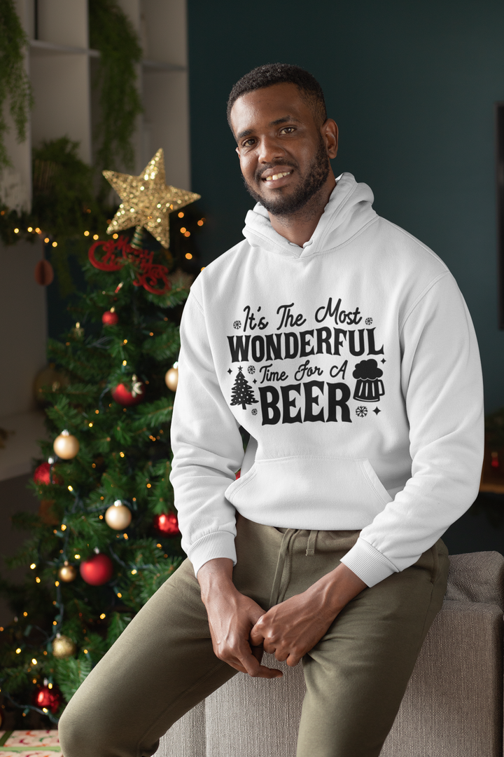 "It's The Most Wonderful Time For A Beer" Unisex Hoodie by RanggRiwaaz- Festive Family Apparel for Christmas Eve/Christmas celebration