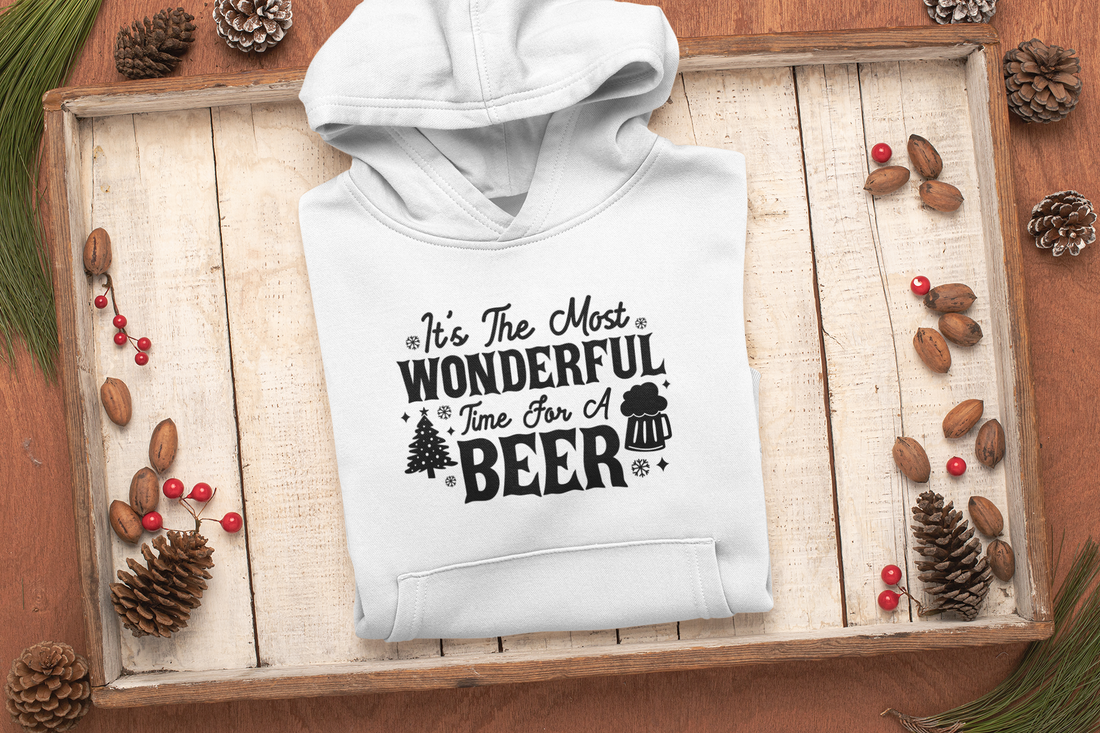"It's The Most Wonderful Time For A Beer" Unisex Hoodie by RanggRiwaaz- Festive Family Apparel for Christmas Eve/Christmas celebration