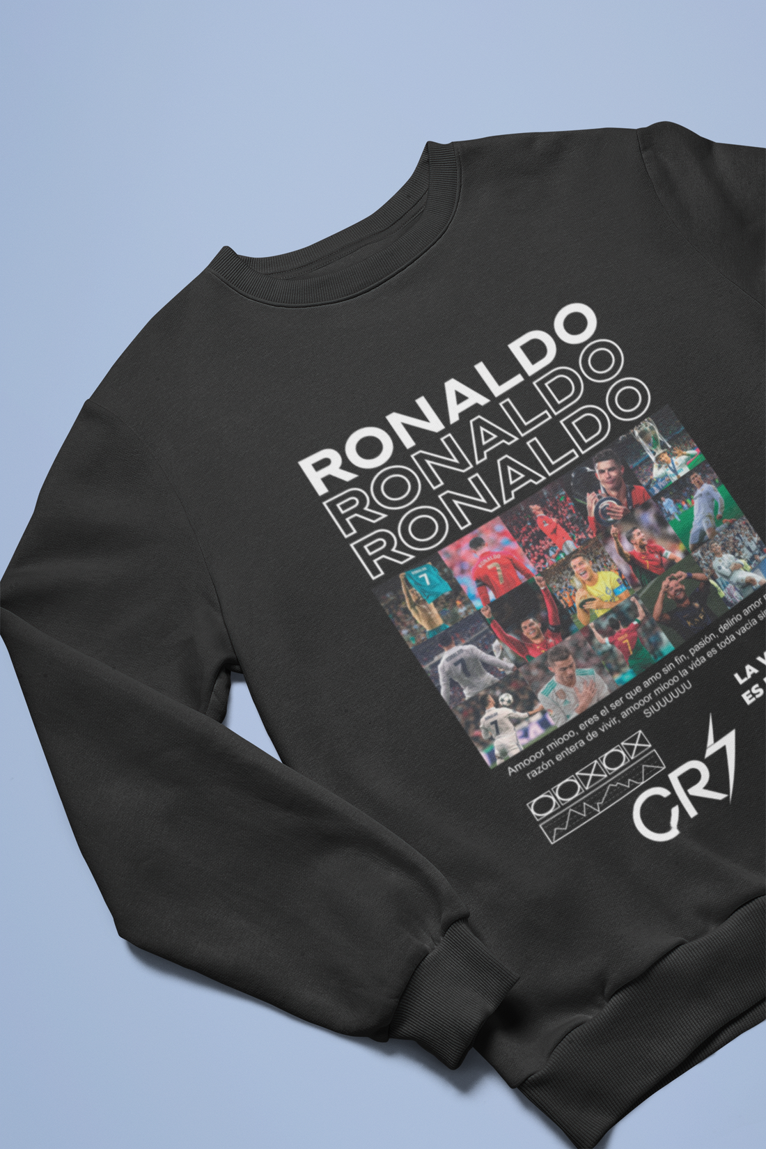 Cristiano Ronaldo Career Timeline Sweatshirt | CR7 Photo Grid Collage Crewneck (Black) Unisex Sweatshirt by RanggRiwaaz Unisex Sweatshirt by RanggRiwaaz