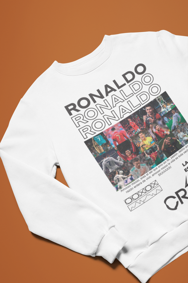 Cristiano Ronaldo Career Timeline Sweatshirt | CR7 Photo Grid Collage Crewneck (White) Unisex Sweatshirt by RanggRiwaaz