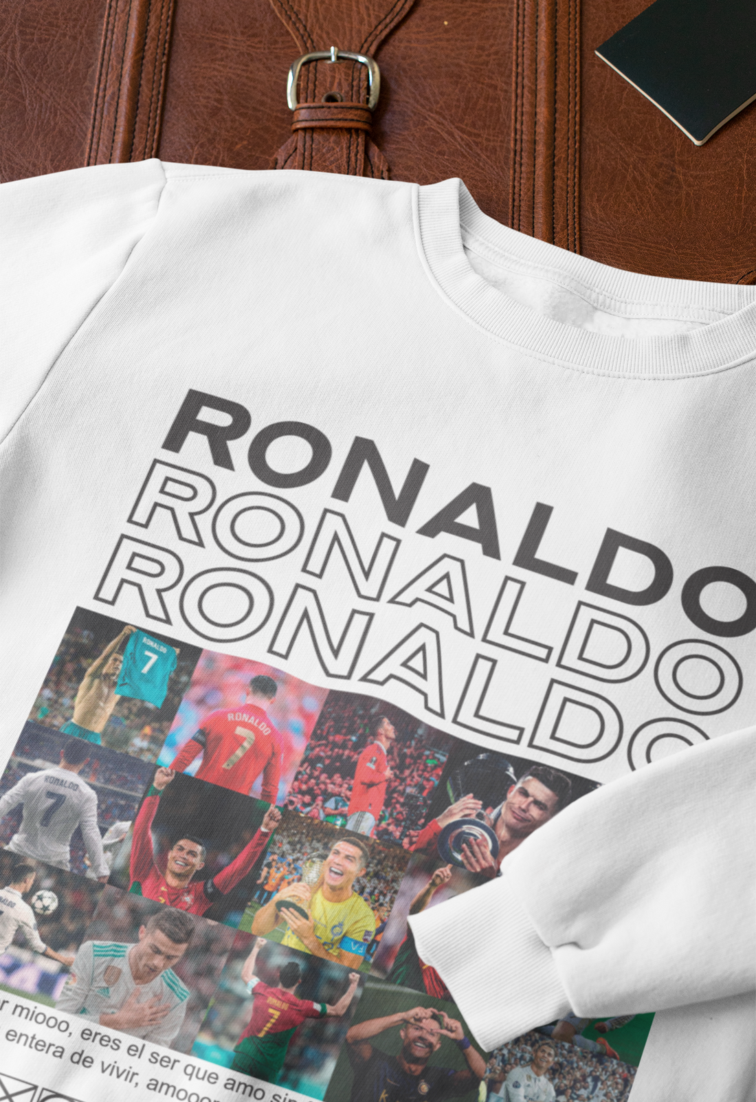 Cristiano Ronaldo Career Timeline Sweatshirt | CR7 Photo Grid Collage Crewneck (White) Unisex Sweatshirt by RanggRiwaaz