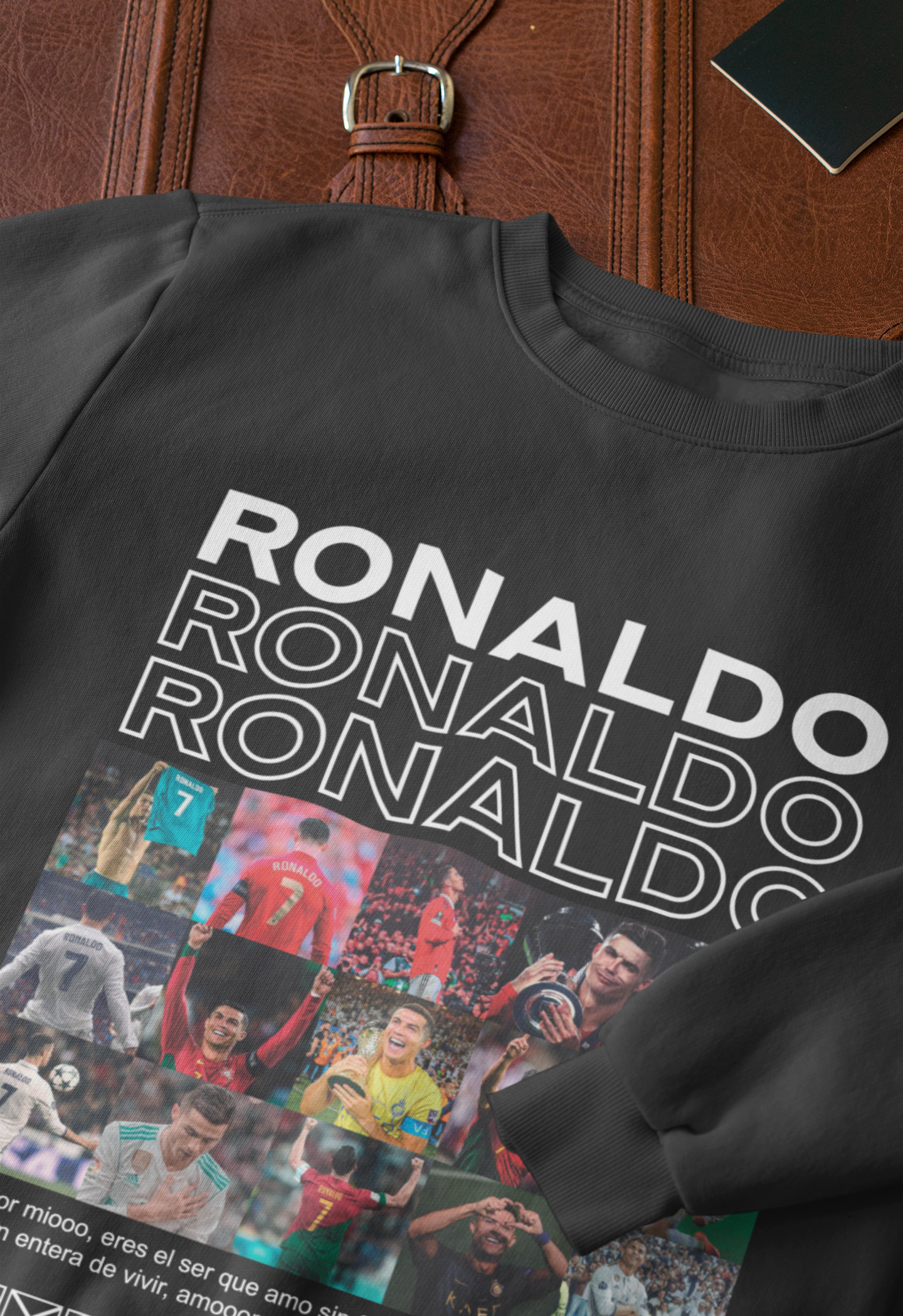 Cristiano Ronaldo Career Timeline Sweatshirt | CR7 Photo Grid Collage Crewneck (Black) Unisex Sweatshirt by RanggRiwaaz Unisex Sweatshirt by RanggRiwaaz