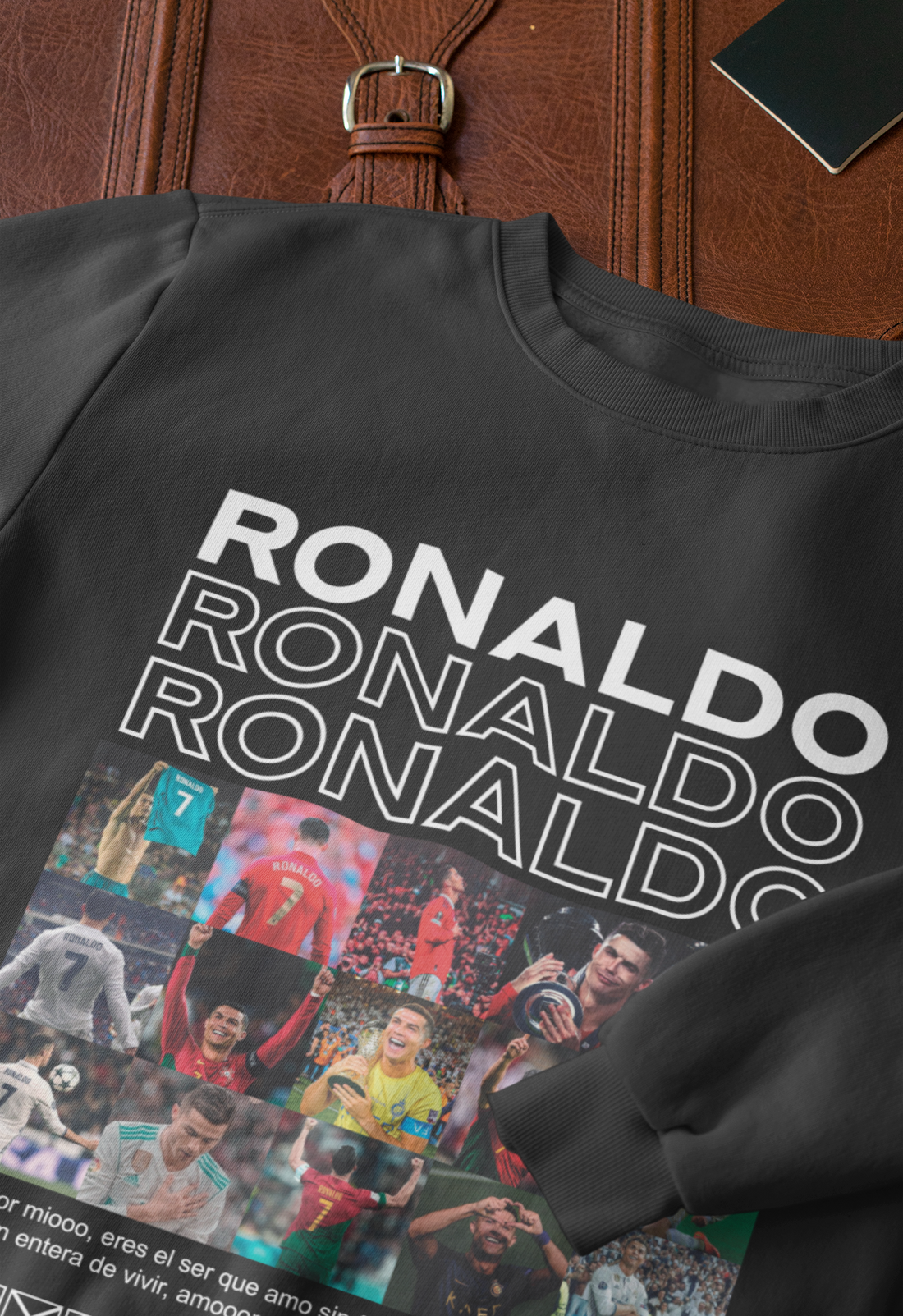 Cristiano Ronaldo Career Timeline Sweatshirt | CR7 Photo Grid Collage Crewneck (Black) Unisex Sweatshirt by RanggRiwaaz Unisex Sweatshirt by RanggRiwaaz