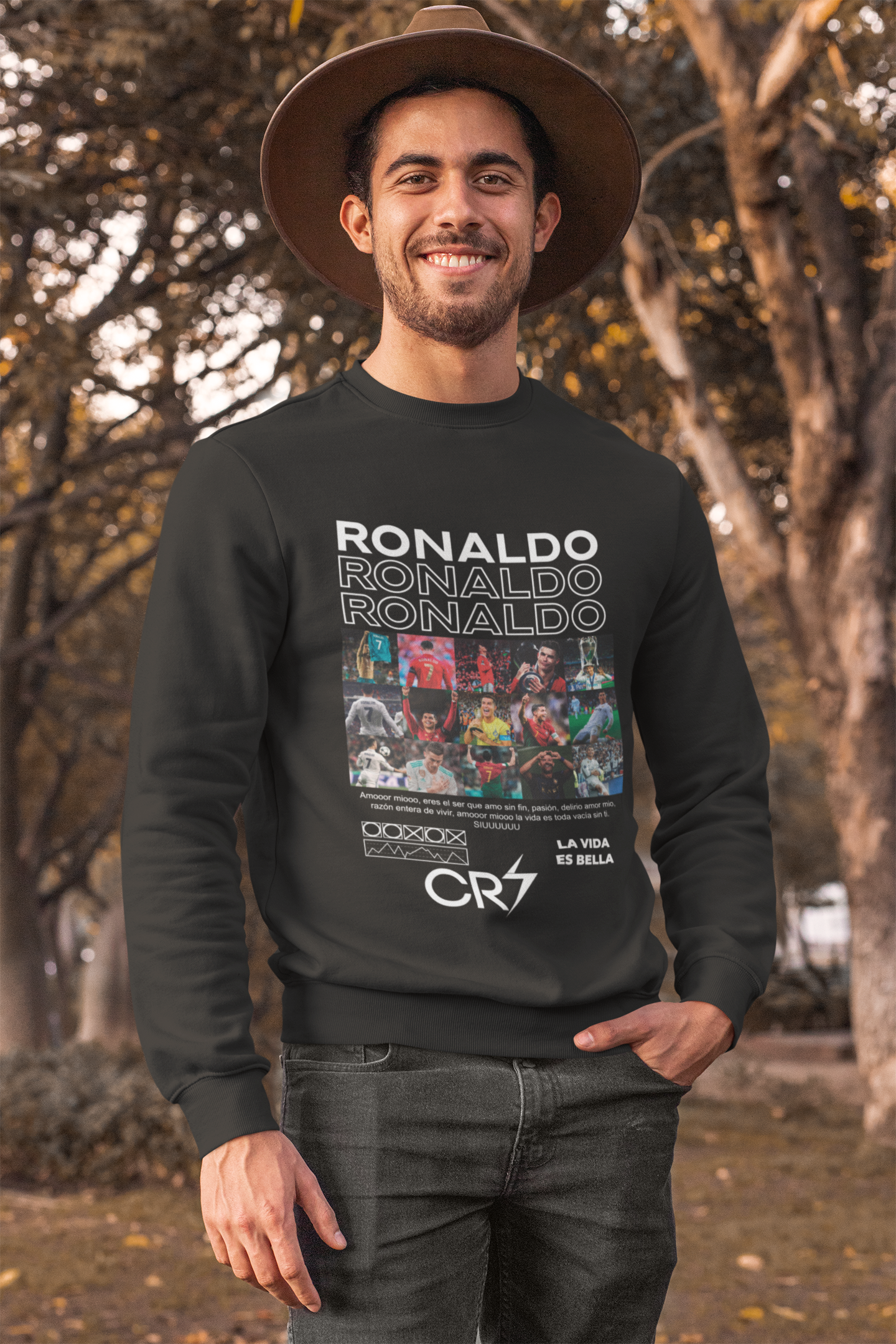 Cristiano Ronaldo Career Timeline Sweatshirt | CR7 Photo Grid Collage Crewneck (Black) Unisex Sweatshirt by RanggRiwaaz Unisex Sweatshirt by RanggRiwaaz