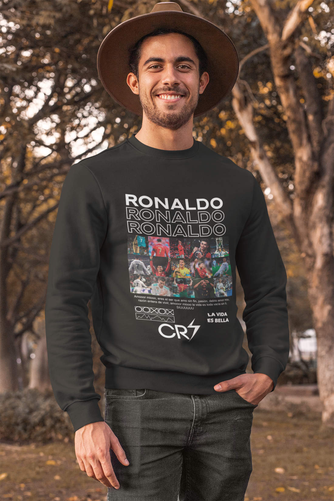 Cristiano Ronaldo Career Timeline Sweatshirt | CR7 Photo Grid Collage Crewneck (Black) Unisex Sweatshirt by RanggRiwaaz Unisex Sweatshirt by RanggRiwaaz