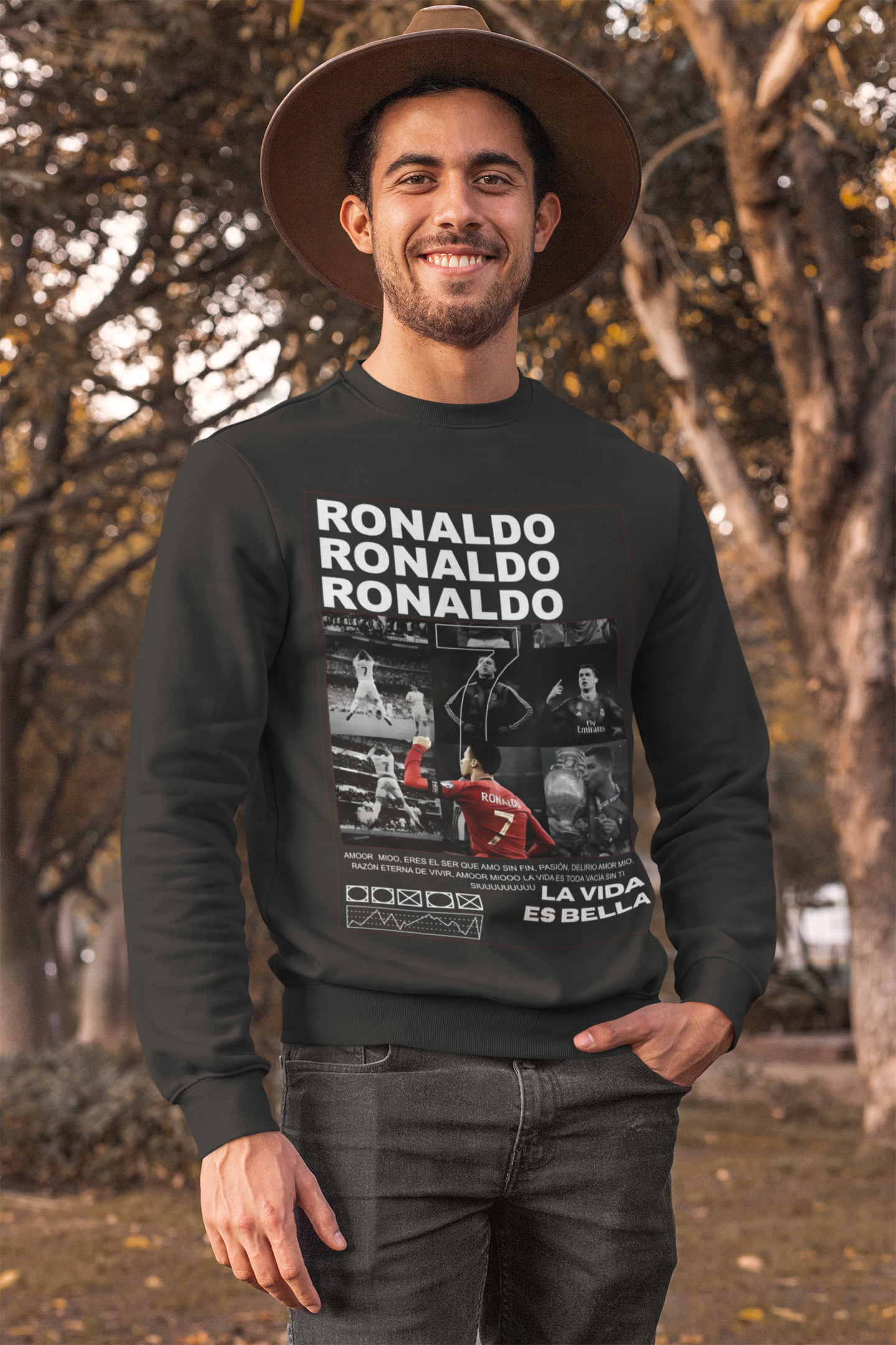 Cristiano Ronaldo Number 7 Sweatshirt | Aesthetic Monochrome Photo Grid Unisex Sweatshirt by RanggRiwaaz
