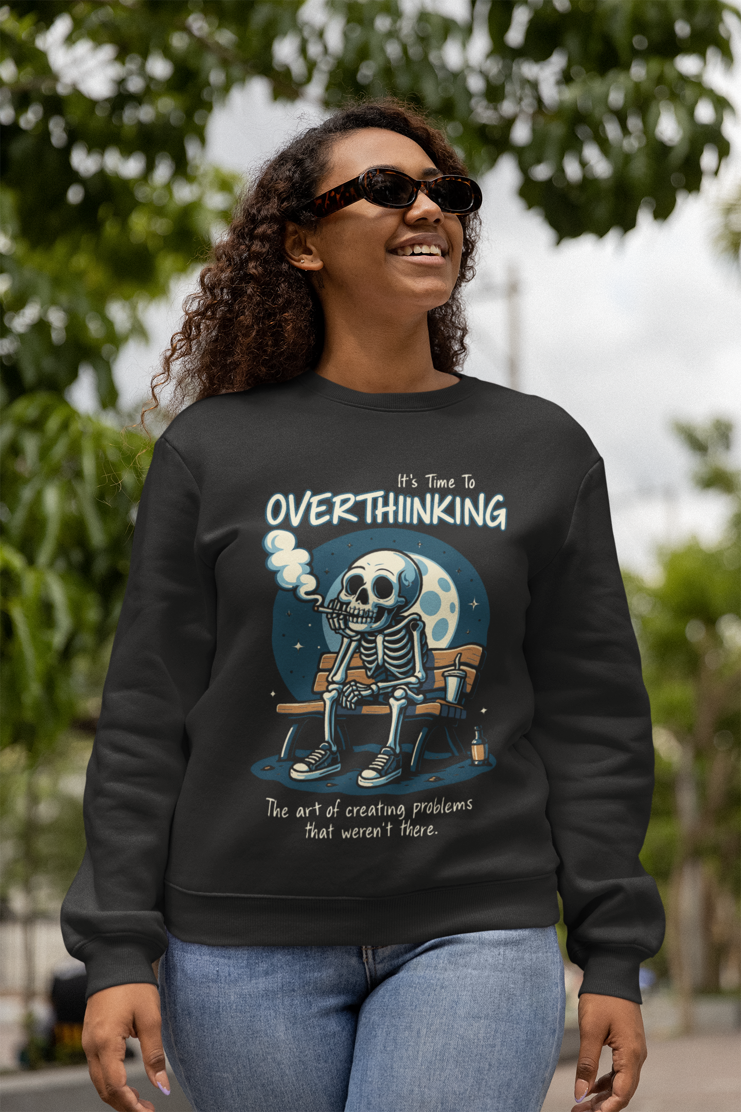 Funny Overthinking Skeleton Sweatshirt | Mental Health Humor| Streetstyle Unisex Sweatshirt by RanggRiwaaz