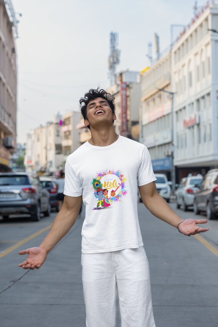 "Happy Holi" Hindi Typography T-Shirt - Radha Krishna Graphic Tee by RanggRiwaaz