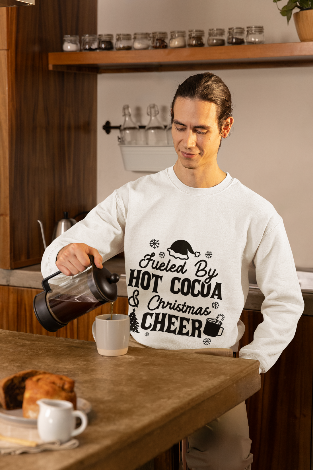 "Fueled by Hot Cocoa & Christmas Cheer" Unisex Sweatshirt for Christmas Eve, Christmas celebration by RanggRiwaaz