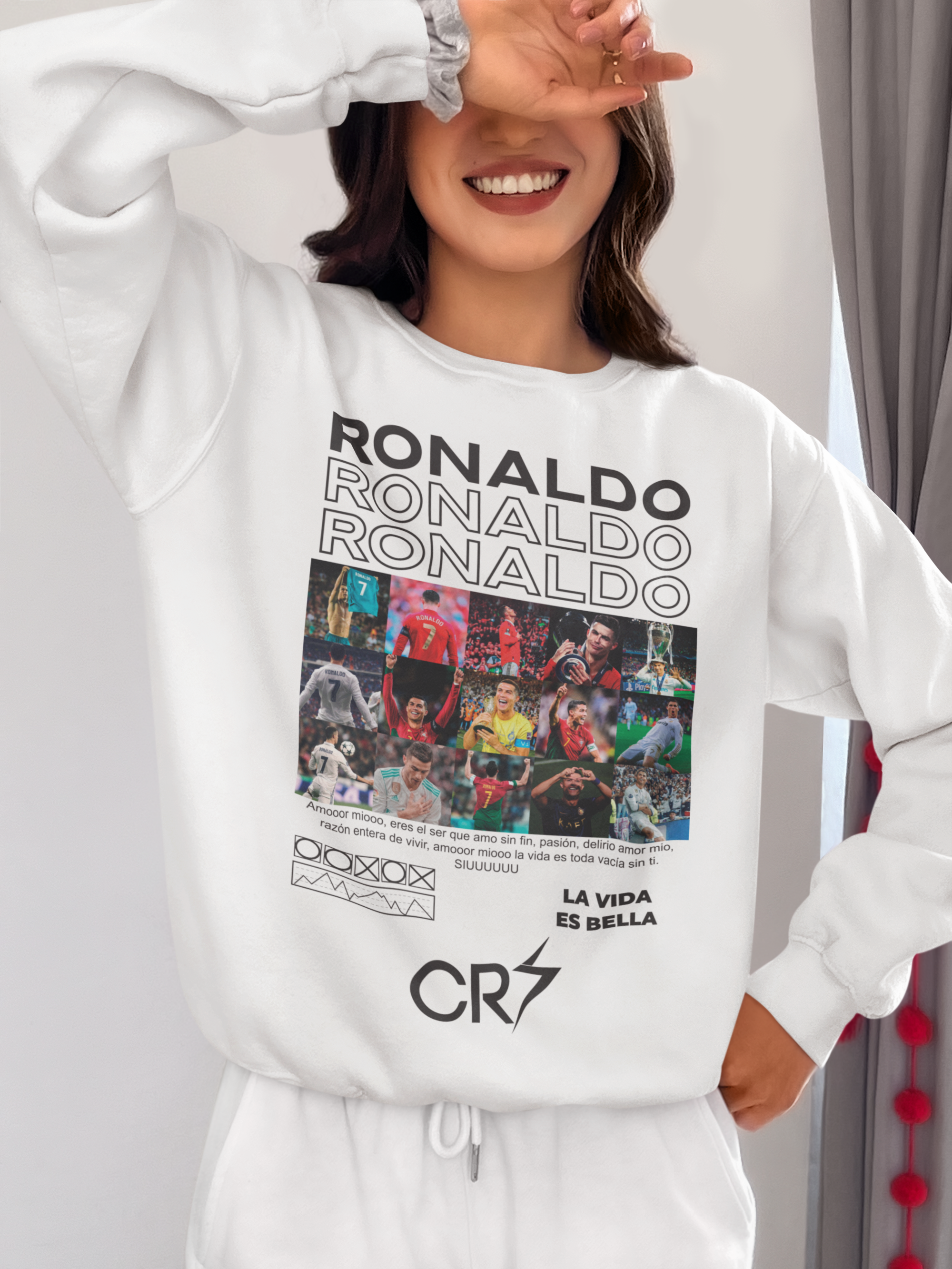 Cristiano Ronaldo Career Timeline Sweatshirt | CR7 Photo Grid Collage Crewneck (White) Unisex Sweatshirt by RanggRiwaaz