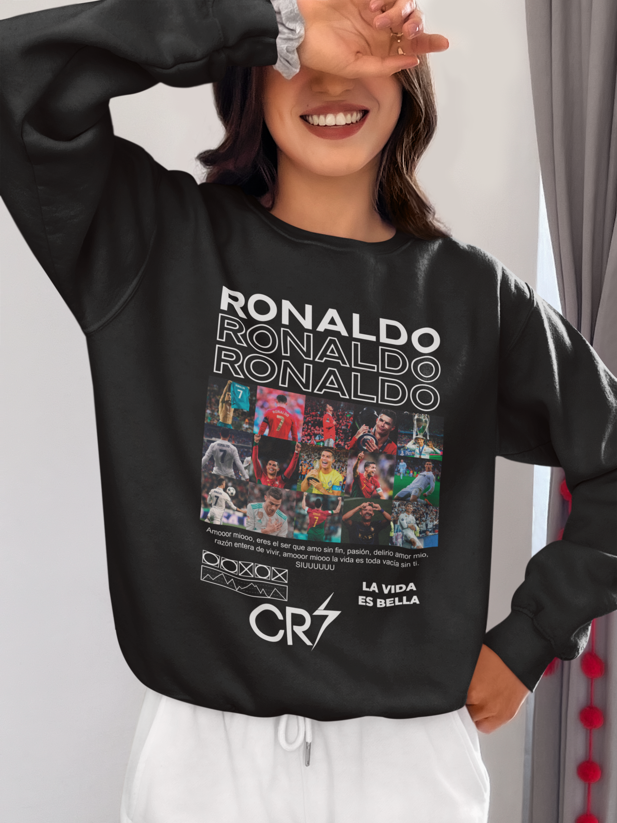 Cristiano Ronaldo Career Timeline Sweatshirt | CR7 Photo Grid Collage Crewneck (Black) Unisex Sweatshirt by RanggRiwaaz Unisex Sweatshirt by RanggRiwaaz