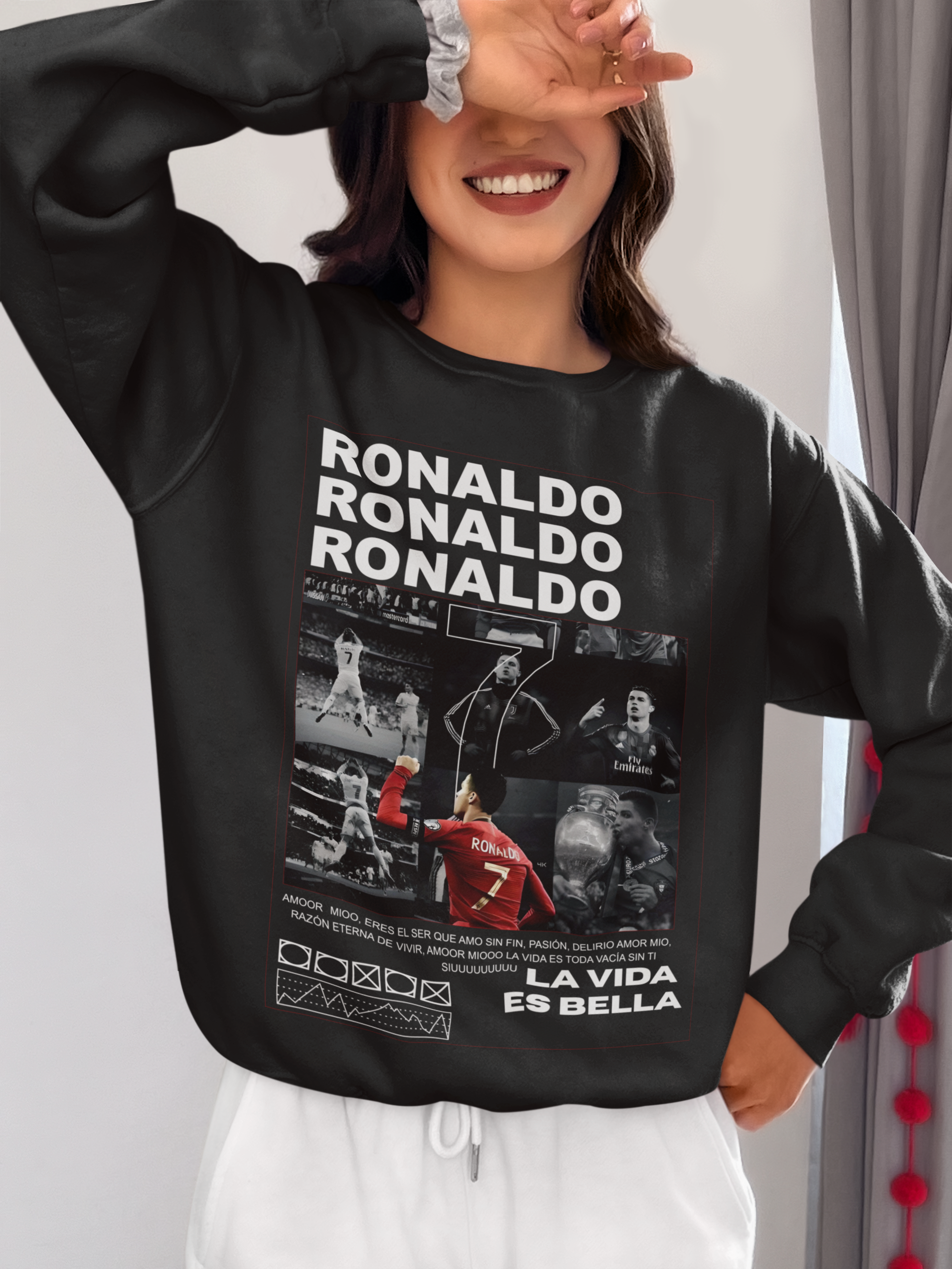 Cristiano Ronaldo Number 7 Sweatshirt | Aesthetic Monochrome Photo Grid Unisex Sweatshirt by RanggRiwaaz