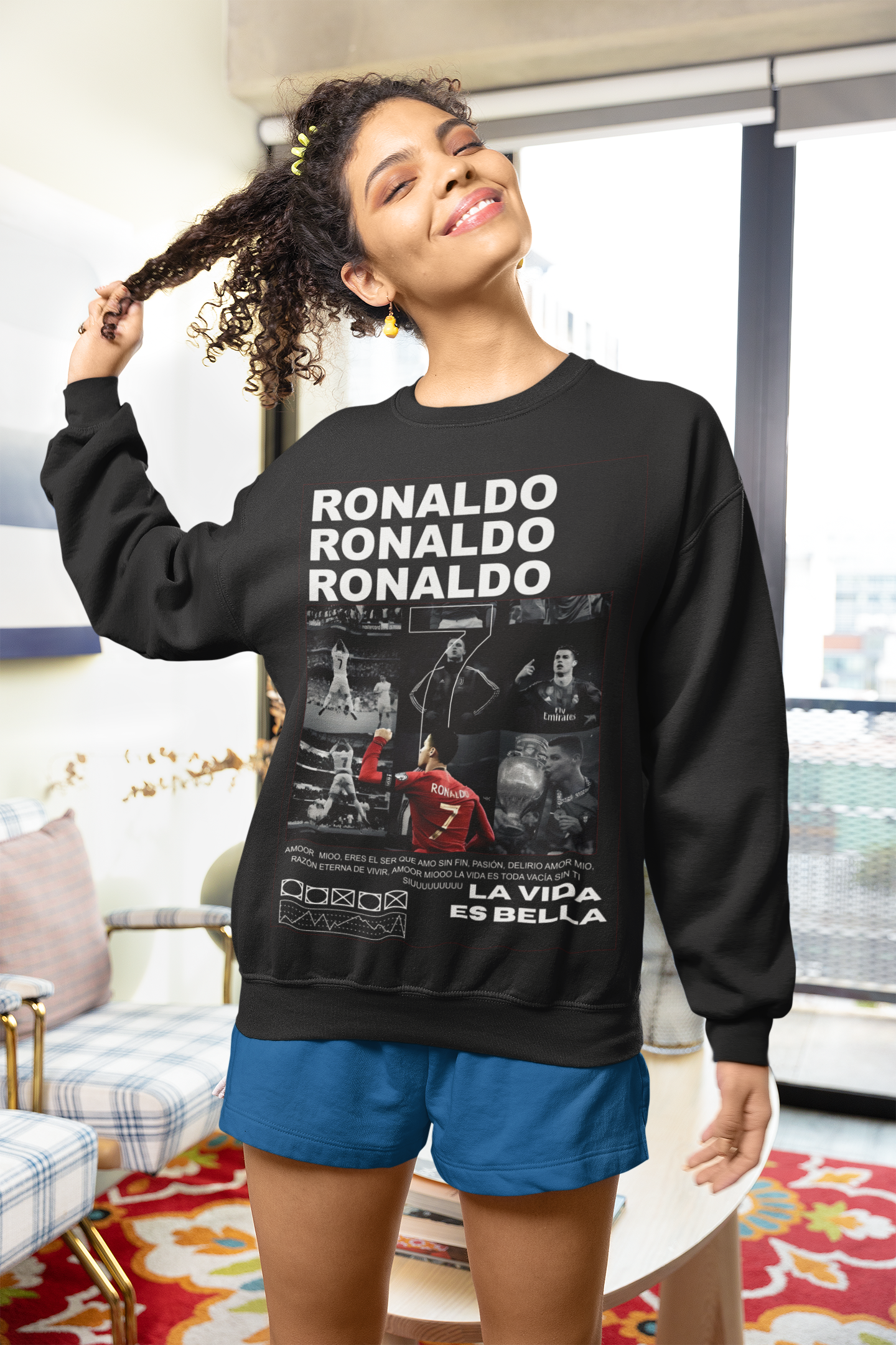 Cristiano Ronaldo Number 7 Sweatshirt | Aesthetic Monochrome Photo Grid Unisex Sweatshirt by RanggRiwaaz
