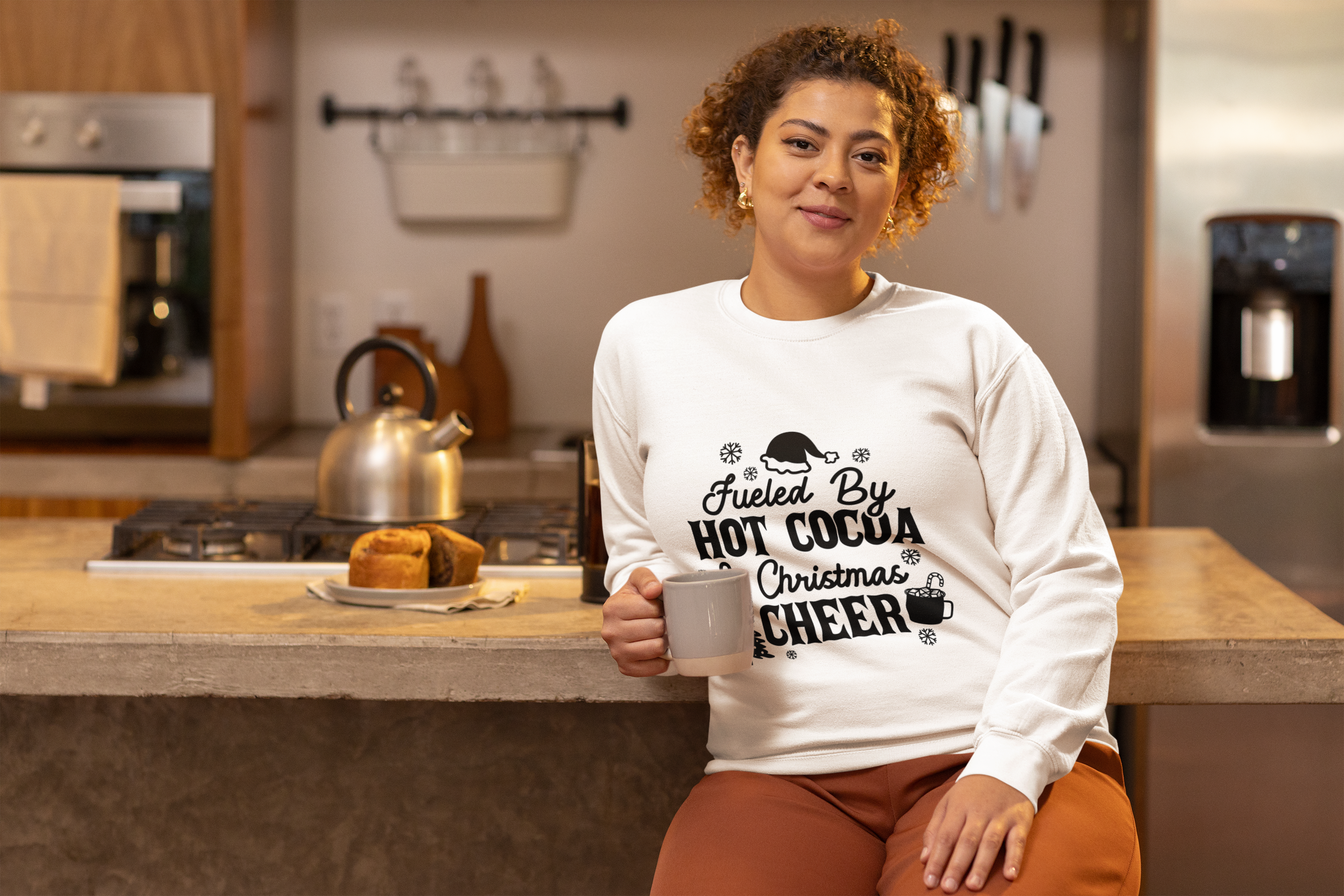 "Fueled by Hot Cocoa & Christmas Cheer" Unisex Sweatshirt for Christmas Eve, Christmas celebration by RanggRiwaaz