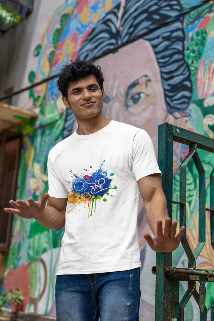 "Subh Holi" Hindi Typography T-Shirt - Abstract Color Burst Graphic by RanggRiwaaz