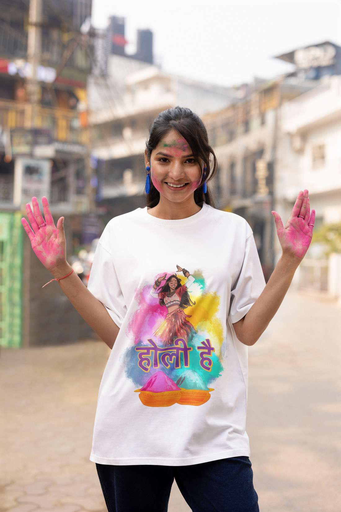 Vibrant Holi Festival T-Shirt - Dancing Girl Print & Joyful Quote by RanggRiwaaz