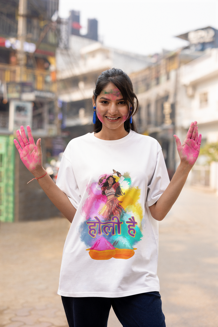 Vibrant Holi Festival T-Shirt - Dancing Girl Print & Joyful Quote by RanggRiwaaz