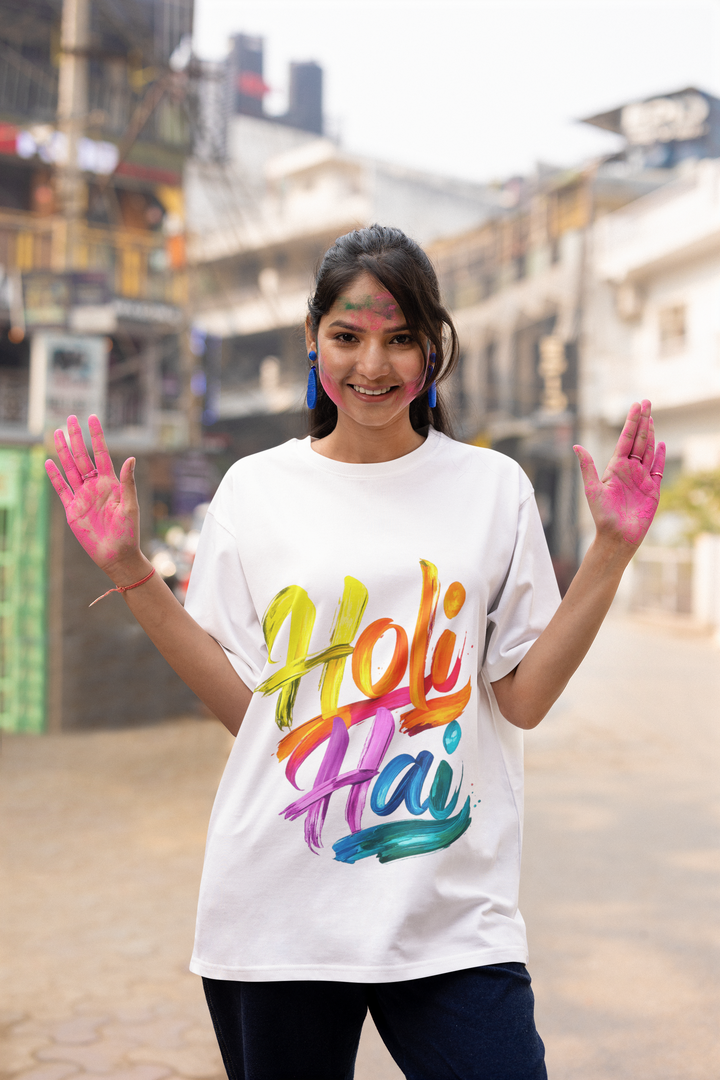 "Holi Hai" Hindi Typography T-Shirt - Abstract Color Burst Graphic by RanggRiwaaz