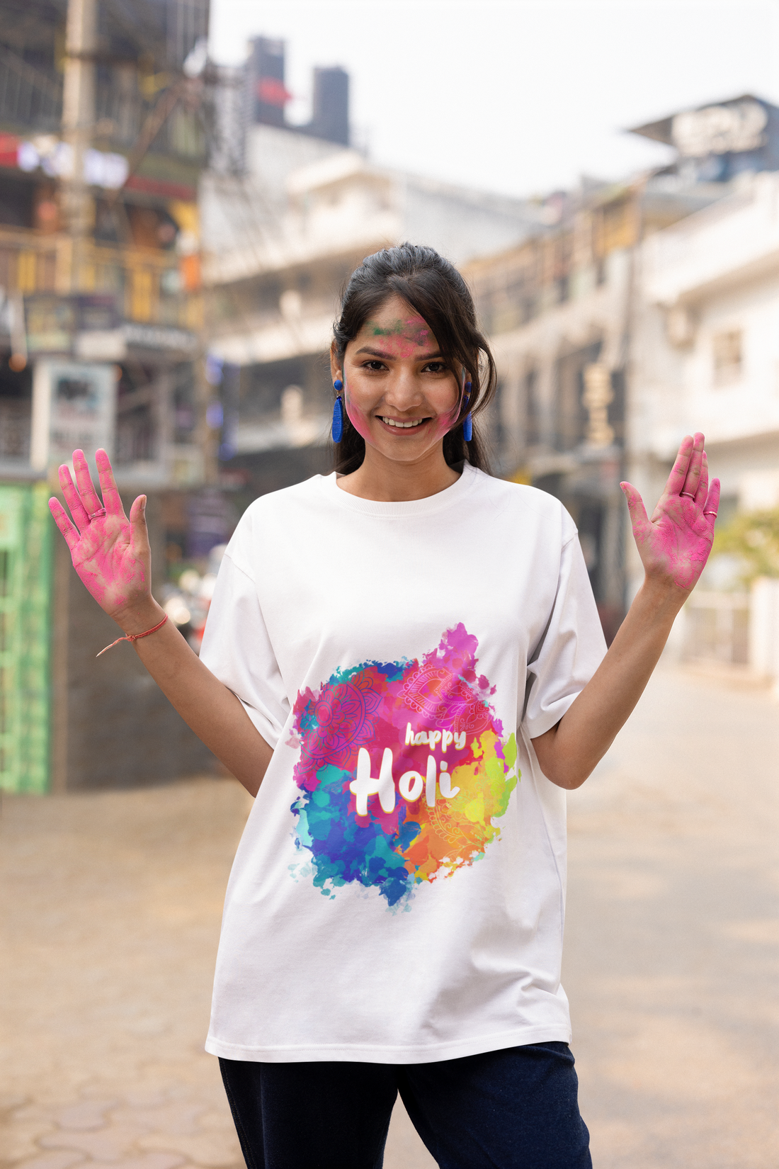 "Happy Holi" Mandala Splatter T-Shirt - Artistic Color Splash Tee by RanggRiwaaz