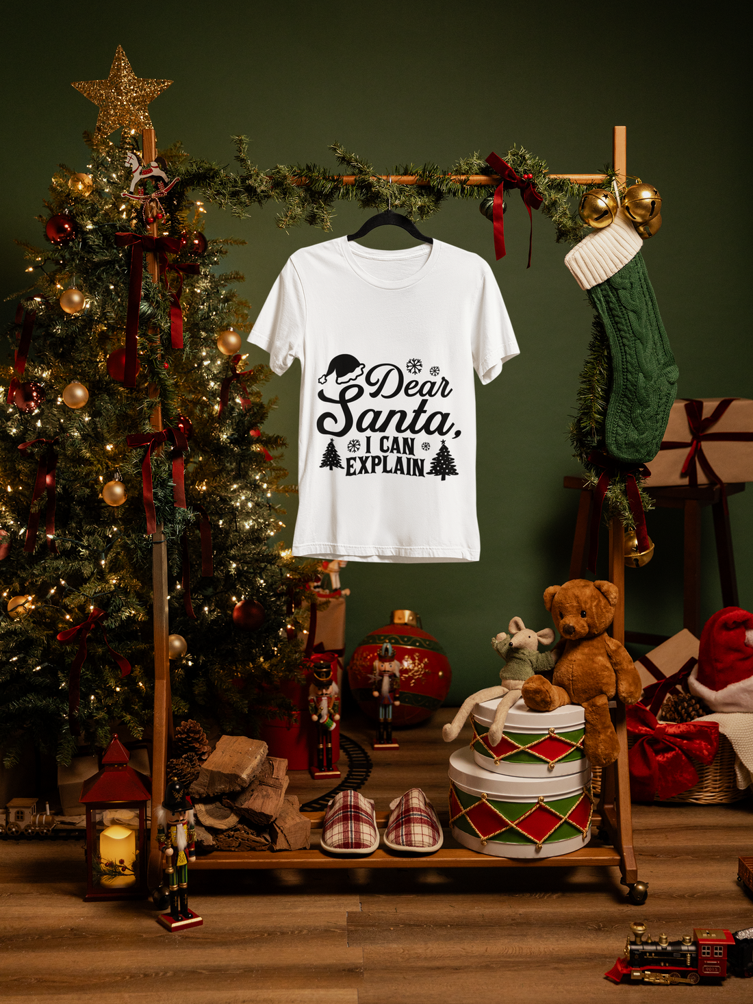 "Dear Santa, I Can Explain" Funny Christmas Crew T-Shirt by RanggRiwaaz