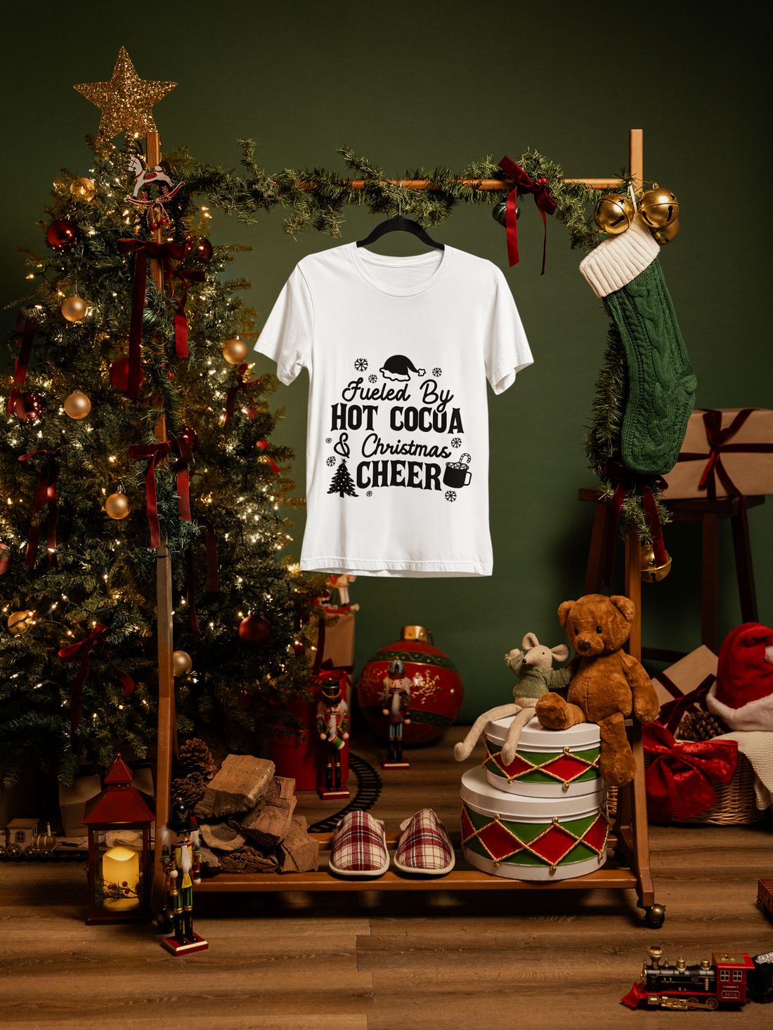 "Fueled by Hot Cocoa & Christmas Cheer" Family T-shirt for Christmas Eve, Christmas celebration by RanggRiwaaz