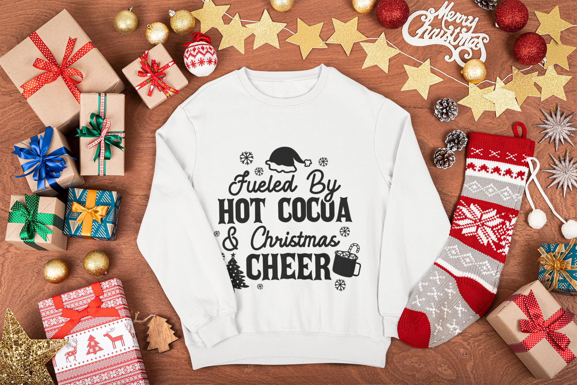 "Fueled by Hot Cocoa & Christmas Cheer" Unisex Sweatshirt for Christmas Eve, Christmas celebration by RanggRiwaaz
