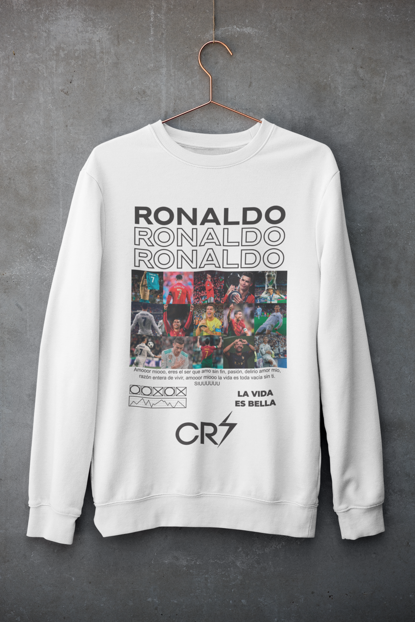 Cristiano Ronaldo Career Timeline Sweatshirt | CR7 Photo Grid Collage Crewneck (White) Unisex Sweatshirt by RanggRiwaaz
