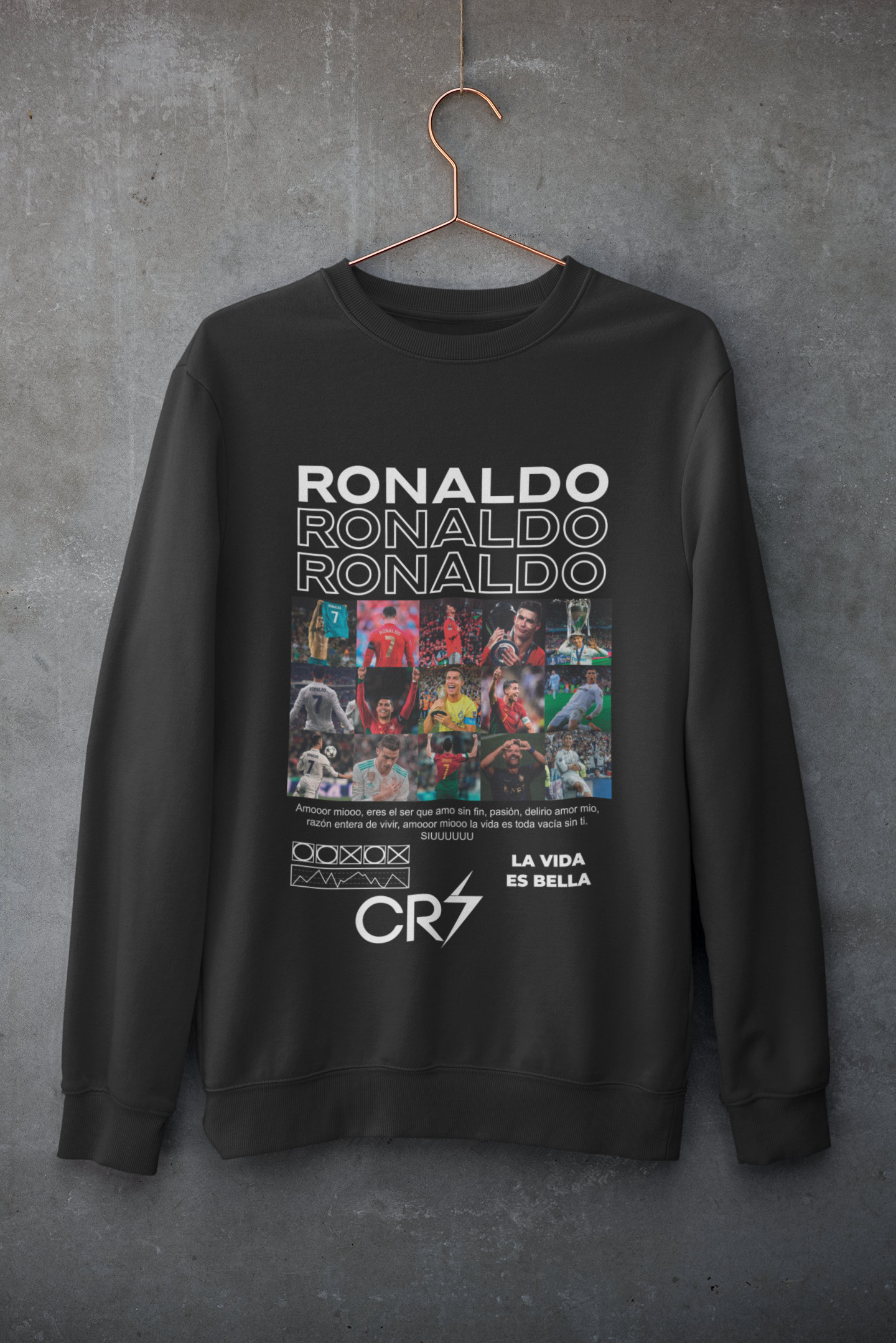 Cristiano Ronaldo Career Timeline Sweatshirt | CR7 Photo Grid Collage Crewneck (Black) Unisex Sweatshirt by RanggRiwaaz Unisex Sweatshirt by RanggRiwaaz