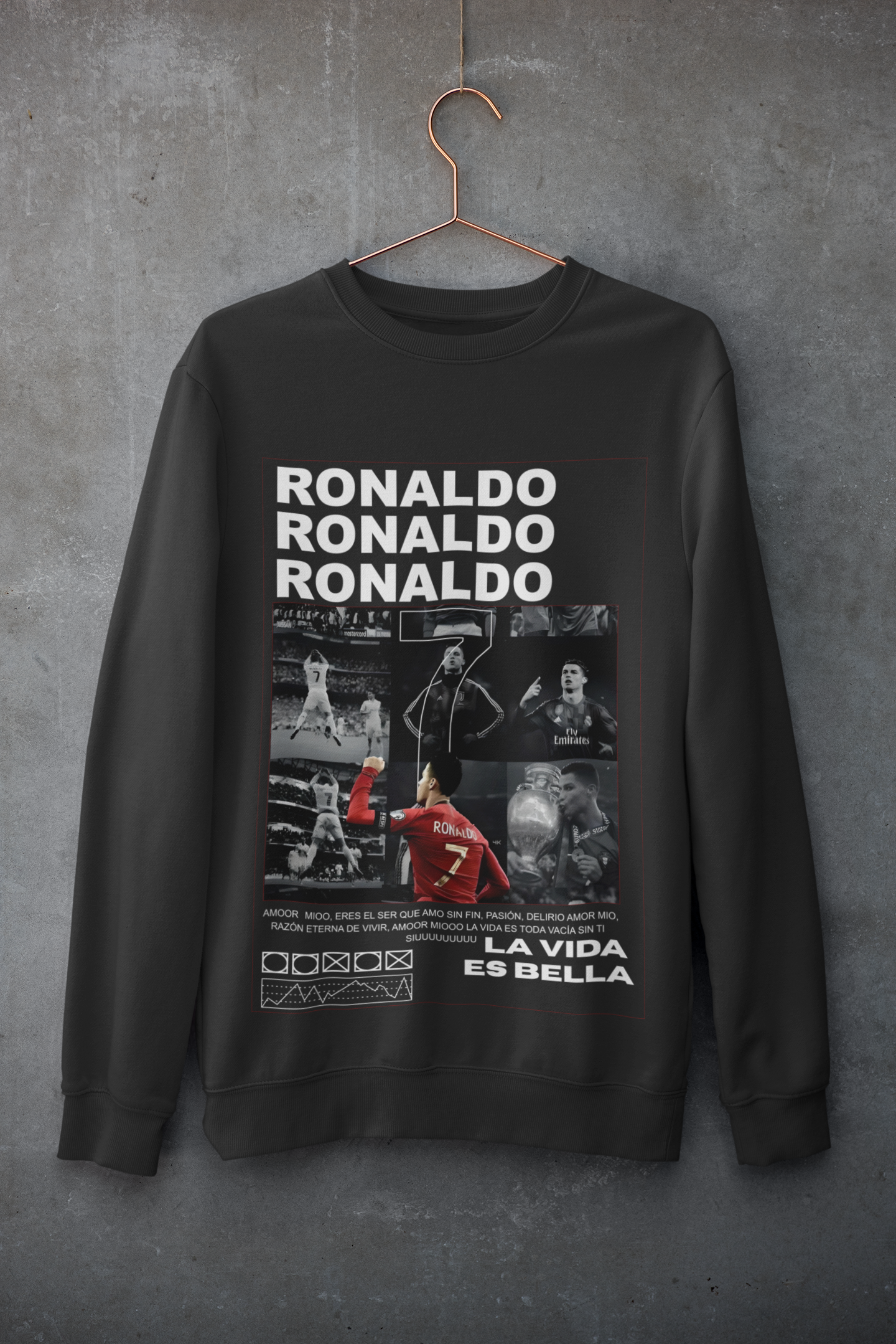 Cristiano Ronaldo Number 7 Sweatshirt | Aesthetic Monochrome Photo Grid Unisex Sweatshirt by RanggRiwaaz