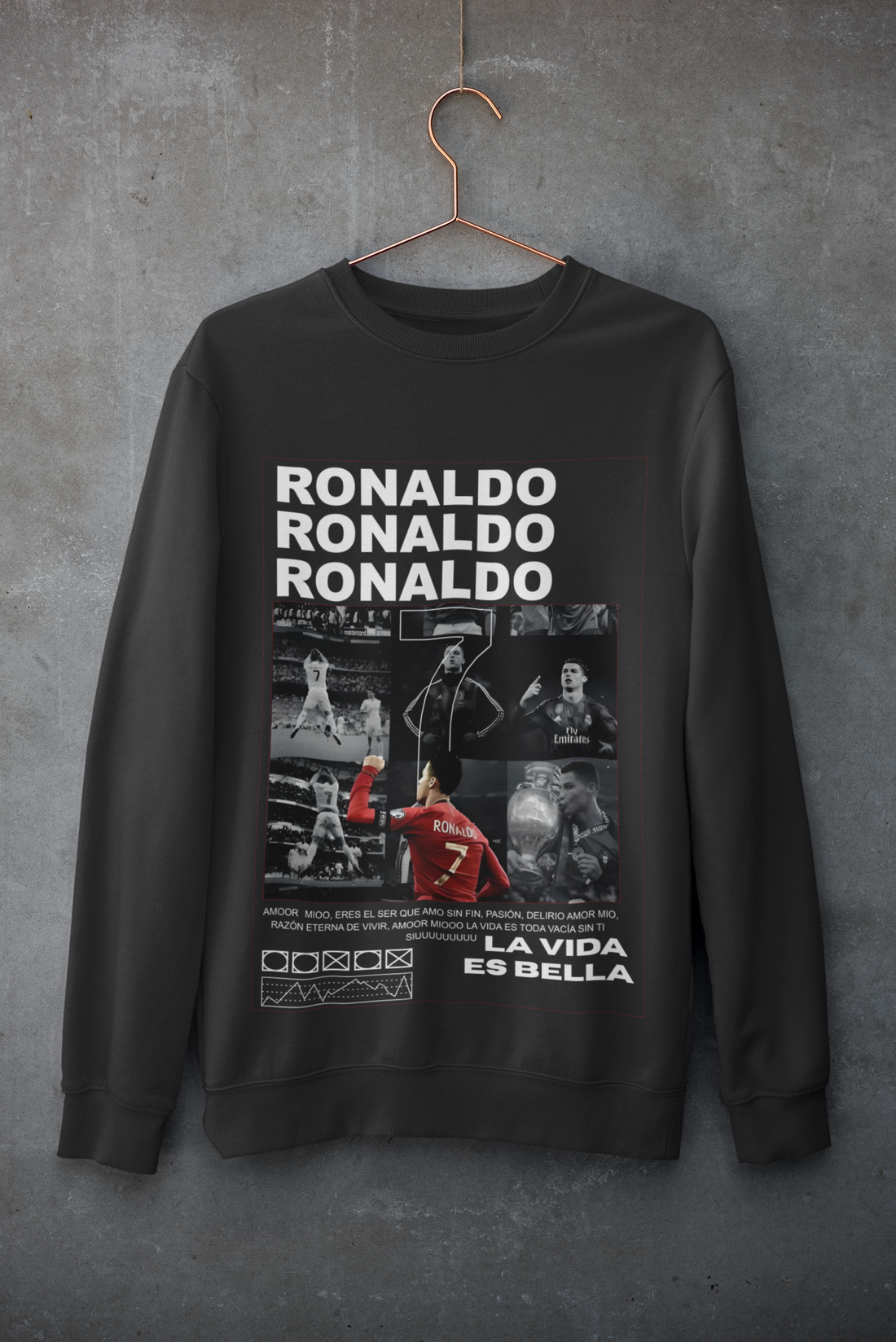 Cristiano Ronaldo Number 7 Sweatshirt | Aesthetic Monochrome Photo Grid Unisex Sweatshirt by RanggRiwaaz