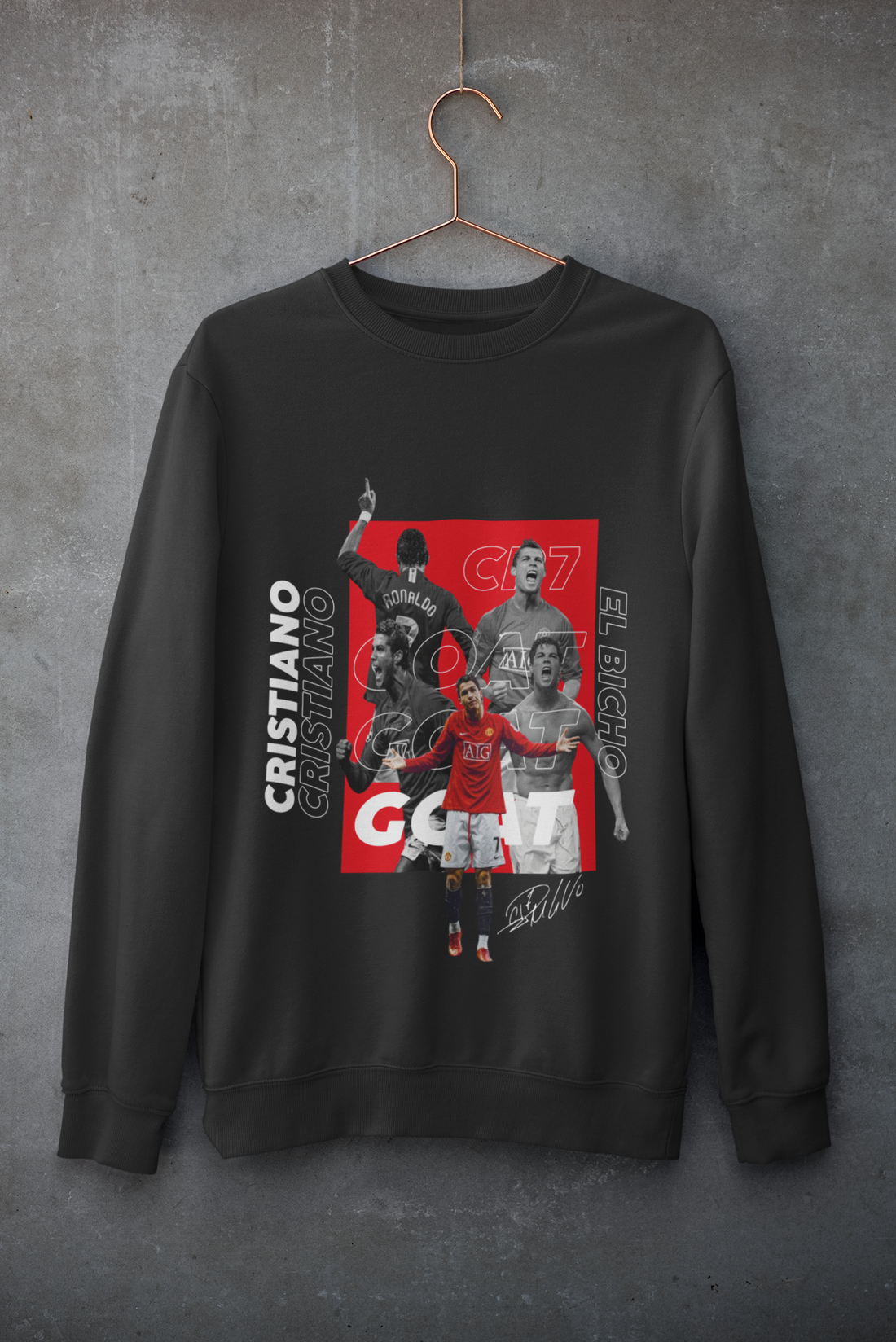 Cristiano Ronaldo GOAT Sweatshirt | CR7 El Bicho Manchester United Collage Unisex Sweatshirt by RanggRiwaaz