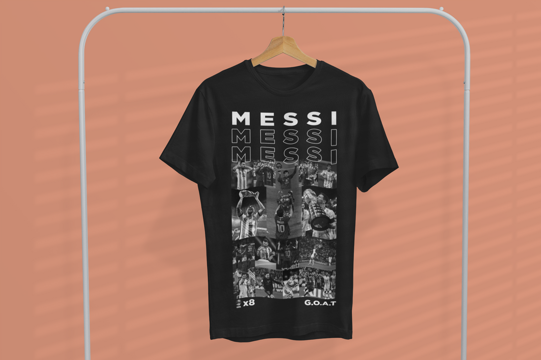 Lionel Messi GOAT Career Montage & Trophies Graphic - Classic Crew T-Shirt by RanggRiwaaz