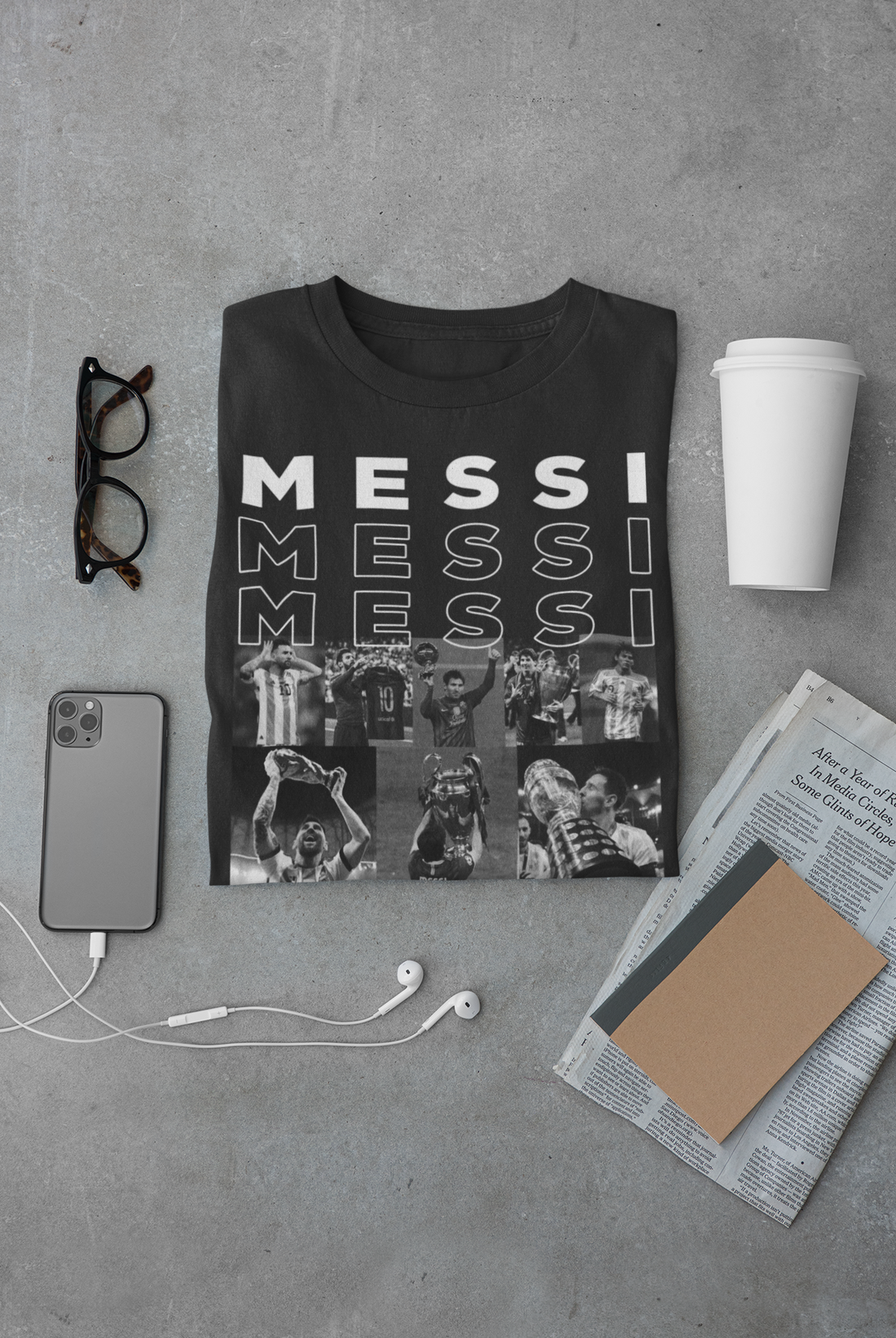 Lionel Messi GOAT Career Montage & Trophies Graphic - Classic Crew T-Shirt by RanggRiwaaz