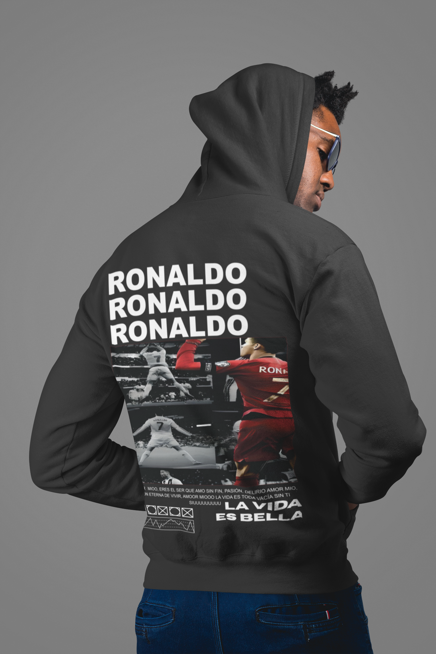 Black & White Ronaldo Graphic Hoodie | Minimalist CR7 Poster Design - Unisex Hoodie by RanggRiwaaz
