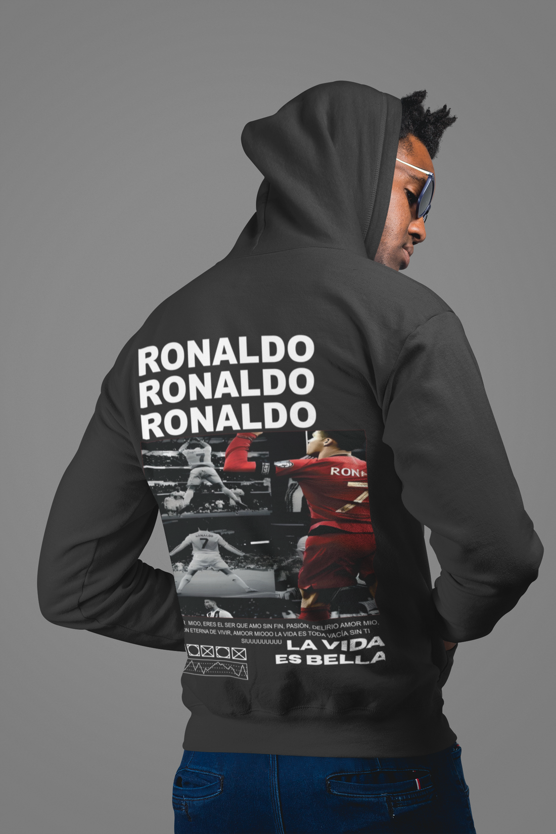 Black & White Ronaldo Graphic Hoodie | Minimalist CR7 Poster Design - Unisex Hoodie by RanggRiwaaz