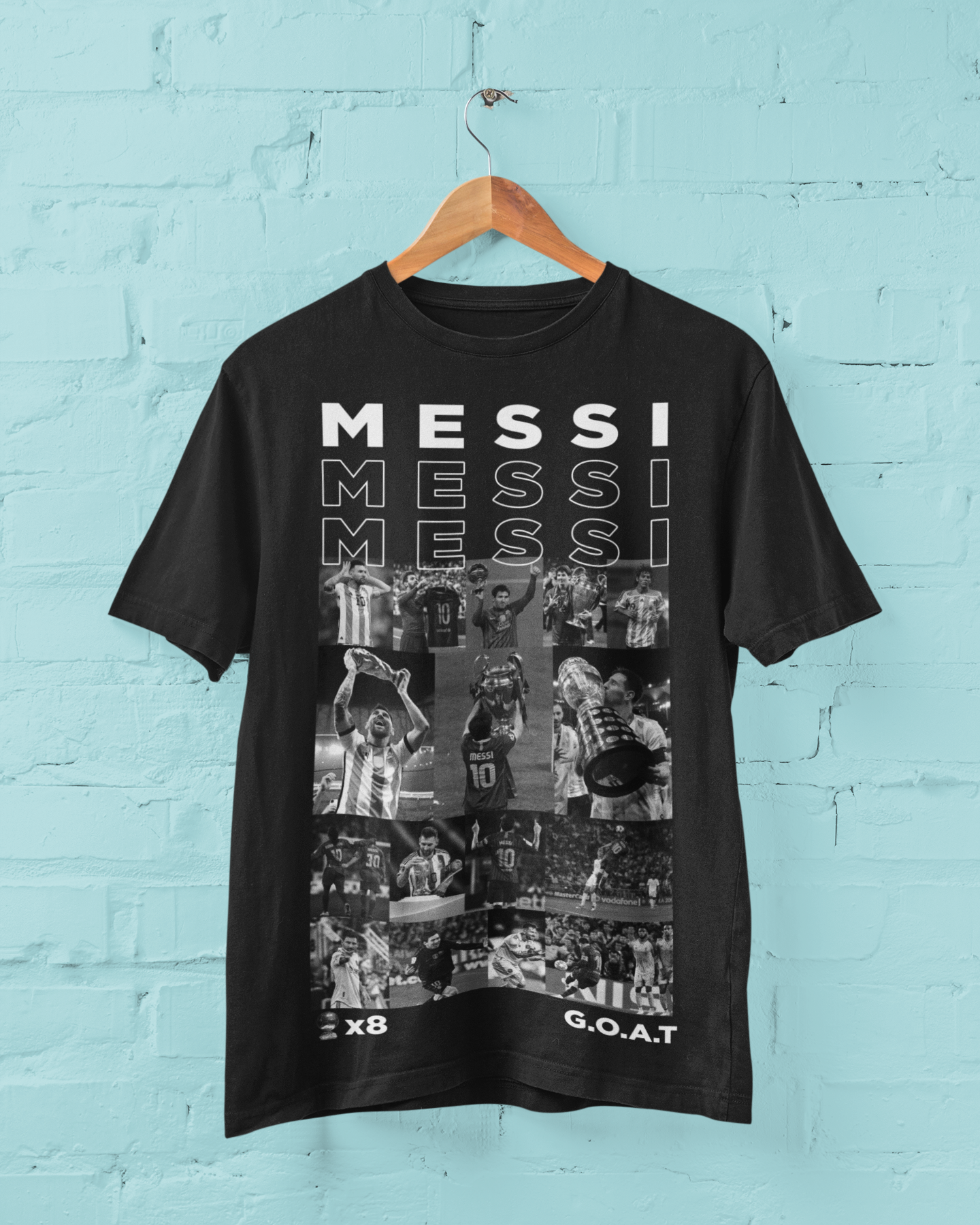 Lionel Messi GOAT Career Montage & Trophies Graphic - Classic Crew T-Shirt by RanggRiwaaz
