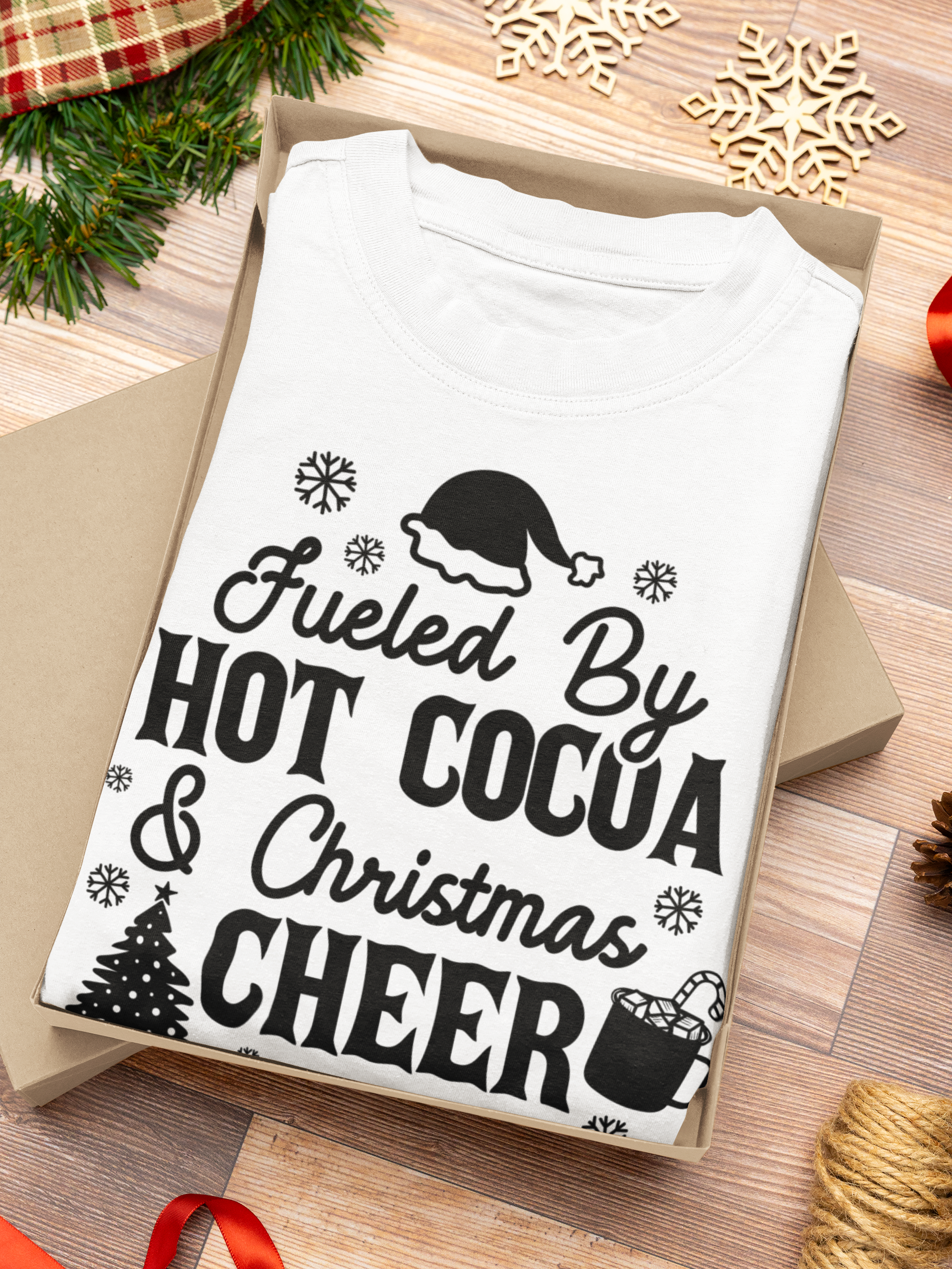 "Fueled by Hot Cocoa & Christmas Cheer" Family T-shirt for Christmas Eve, Christmas celebration by RanggRiwaaz
