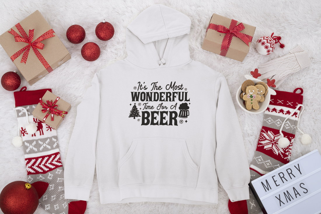 "It's The Most Wonderful Time For A Beer" Unisex Hoodie by RanggRiwaaz- Festive Family Apparel for Christmas Eve/Christmas celebration