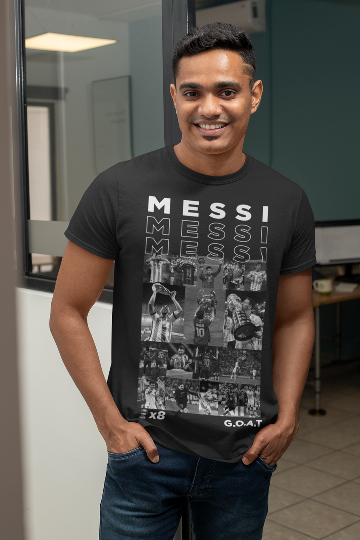 Lionel Messi GOAT Career Montage & Trophies Graphic - Classic Crew T-Shirt by RanggRiwaaz