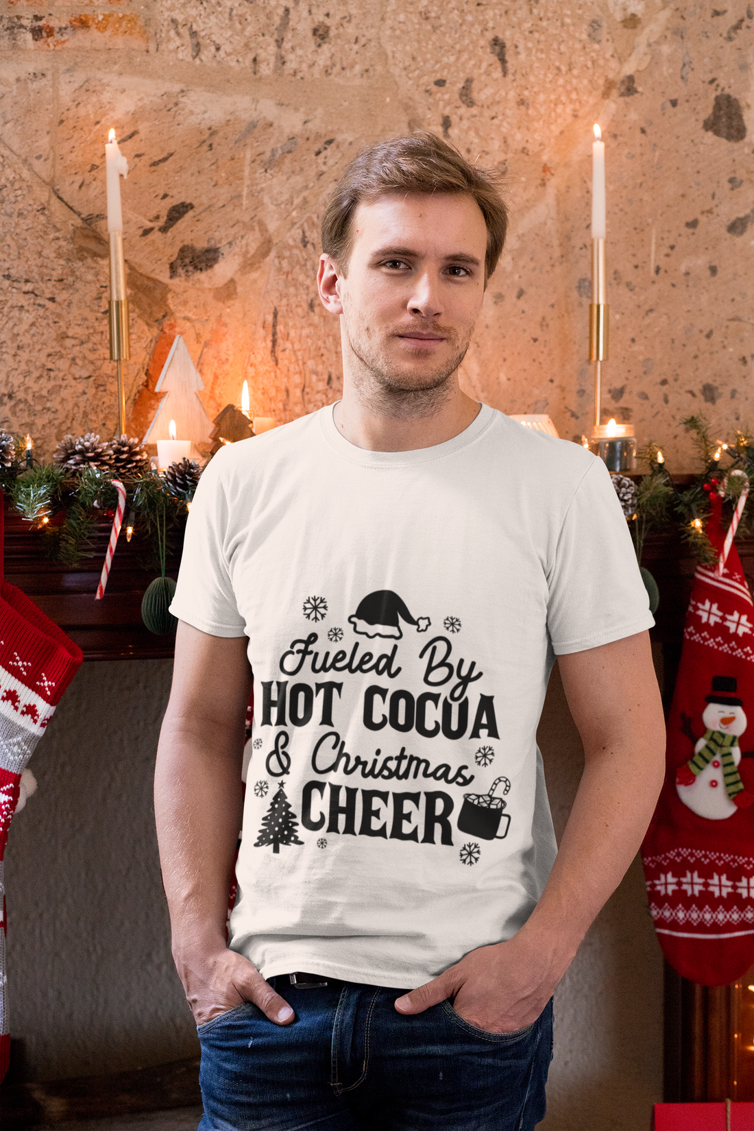 "Fueled by Hot Cocoa & Christmas Cheer" Family T-shirt for Christmas Eve, Christmas celebration by RanggRiwaaz