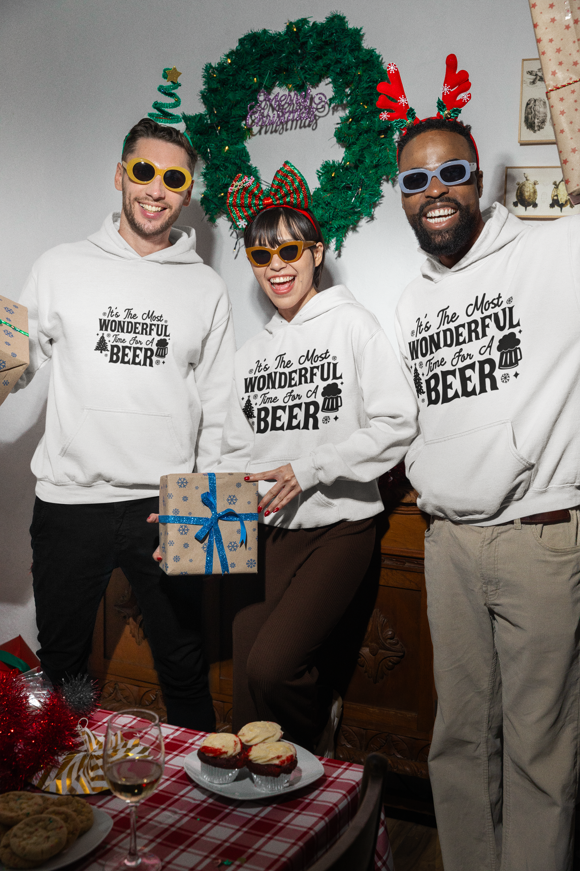 "It's The Most Wonderful Time For A Beer" Unisex Hoodie by RanggRiwaaz- Festive Family Apparel for Christmas Eve/Christmas celebration